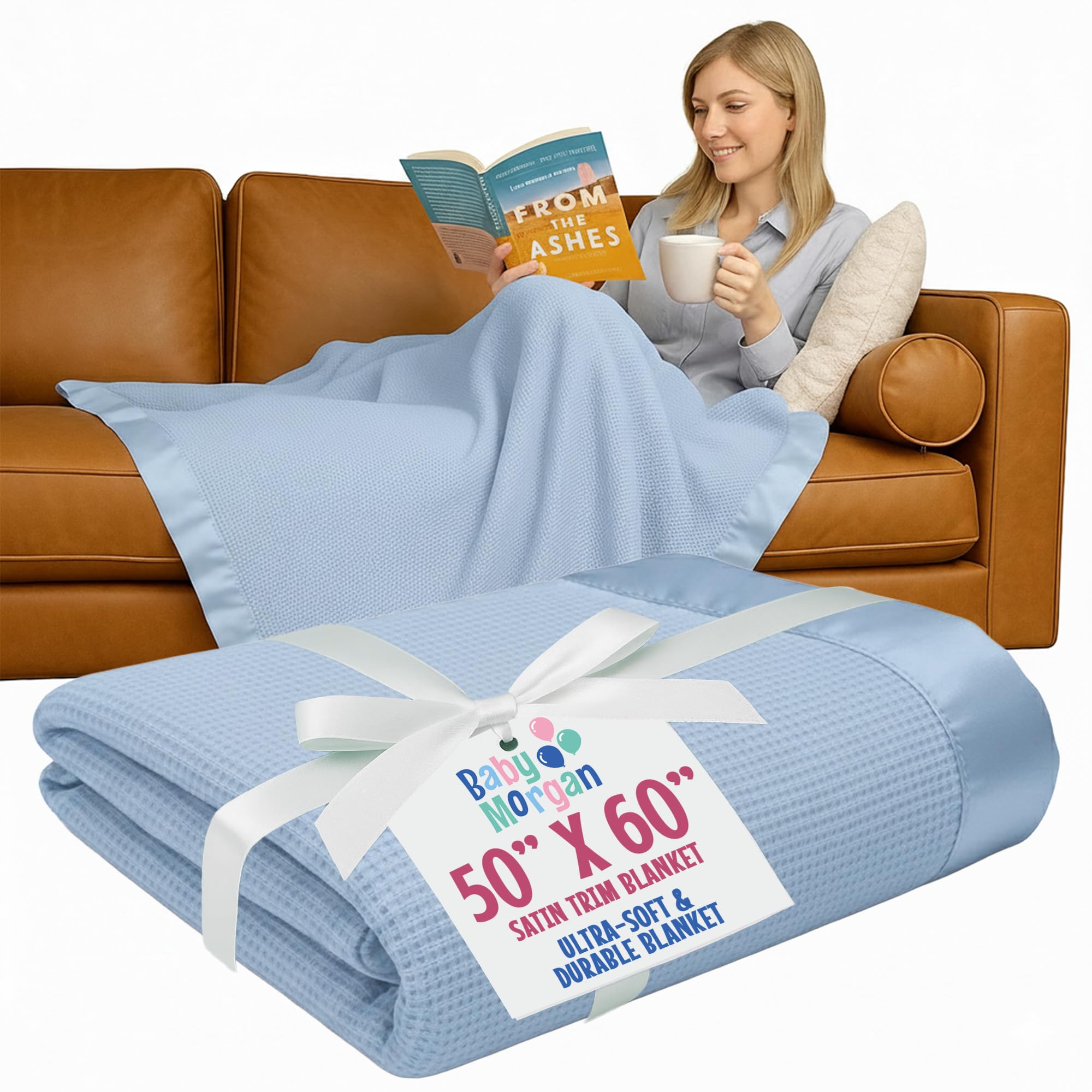 Baby Morgan Waffle Throw Blanket – Lightweight, Soft & Cozy, Ideal for Bed or Couch, Breathable, Stylish Thermal Woven Design with Satin Trim, Great