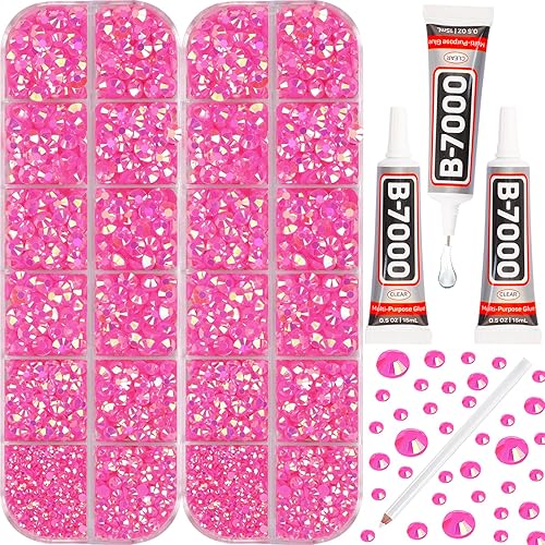 11000 diamantes de imitación color rosa intenso con pegamento B7000 para manualidades, ropa, ropa, tela, uñas, gemas rosas de resina AB Jelly con