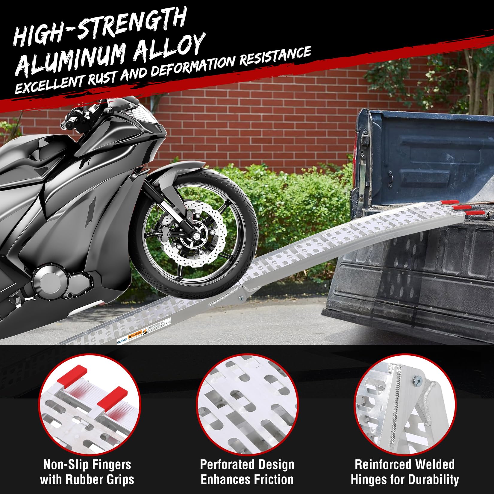 Garvee Rampa De Carga De Aluminio Plegable 340kg, Estructura Reforzada con Bisagras Soldadas, Superficie Antideslizante, Ligera 8,3kg, para Moto ATV Cortacésped Remolque, Fácil Almacenaje, Aluminio
