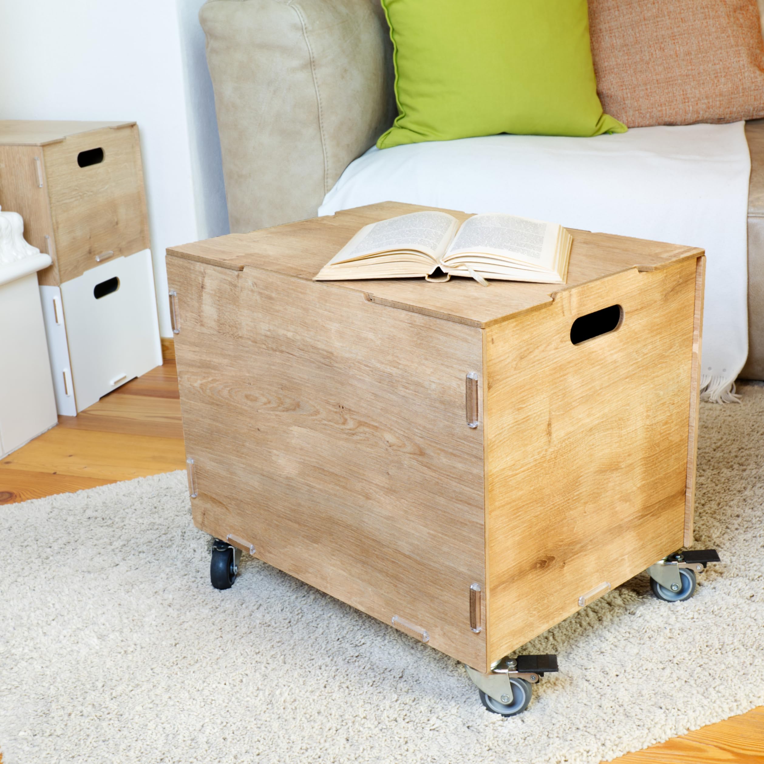 Caisse avec roulettes et couvercle 45,5x34,5x39,5cm (Bois MDF) - Caisses de rangement avec Poignées - Bac de rangement pour livres, jouets, chambre d'enfant, bureau (Coffre en bois blanc)