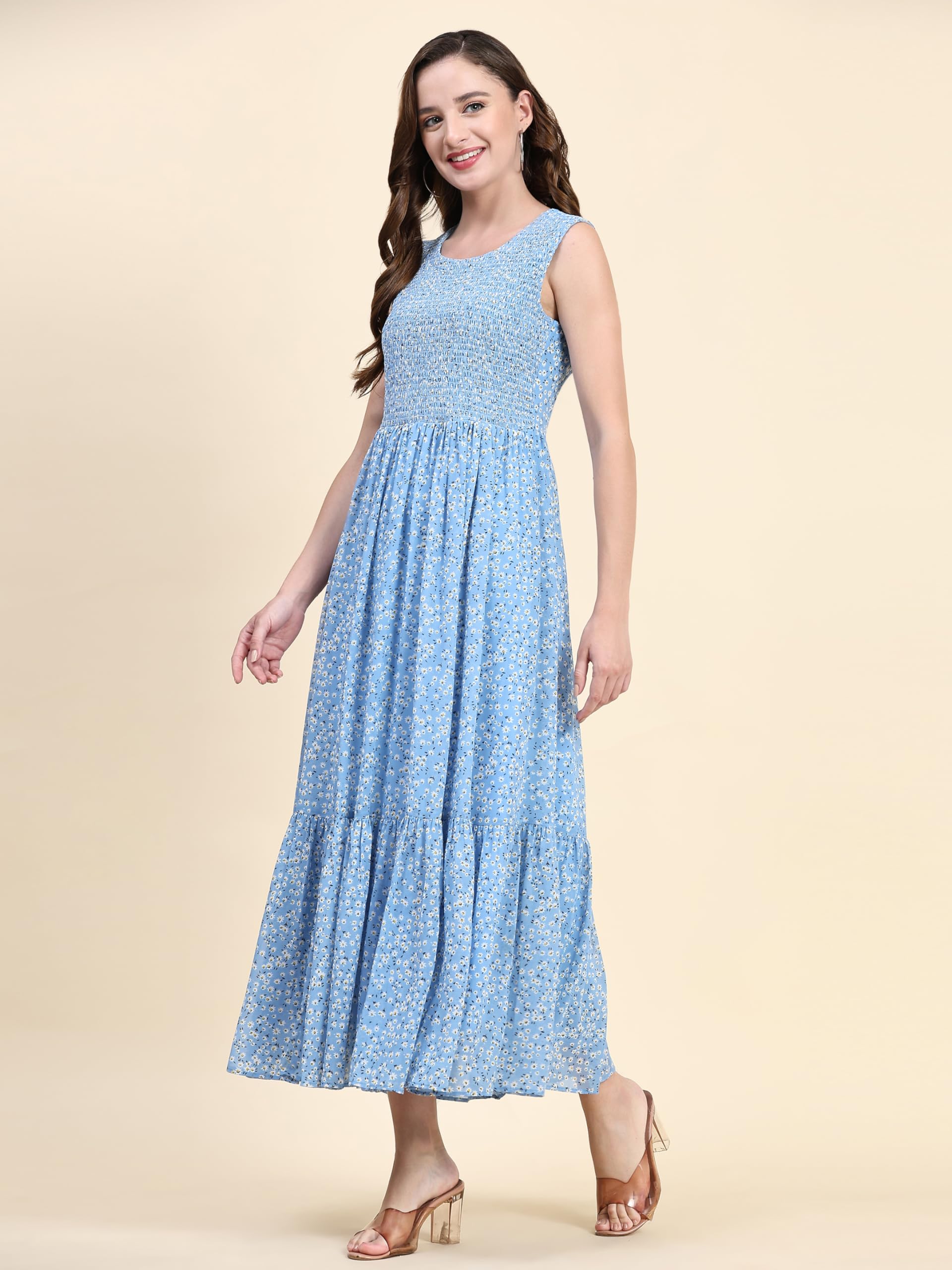 Toochki Women's Sky Blue Georgette Floral Tiered Western Dress | Dress For Women | A Line Dress | Winter Dress | Western Dress | Latest Women Dress | Trendy Dress | Midi Dress