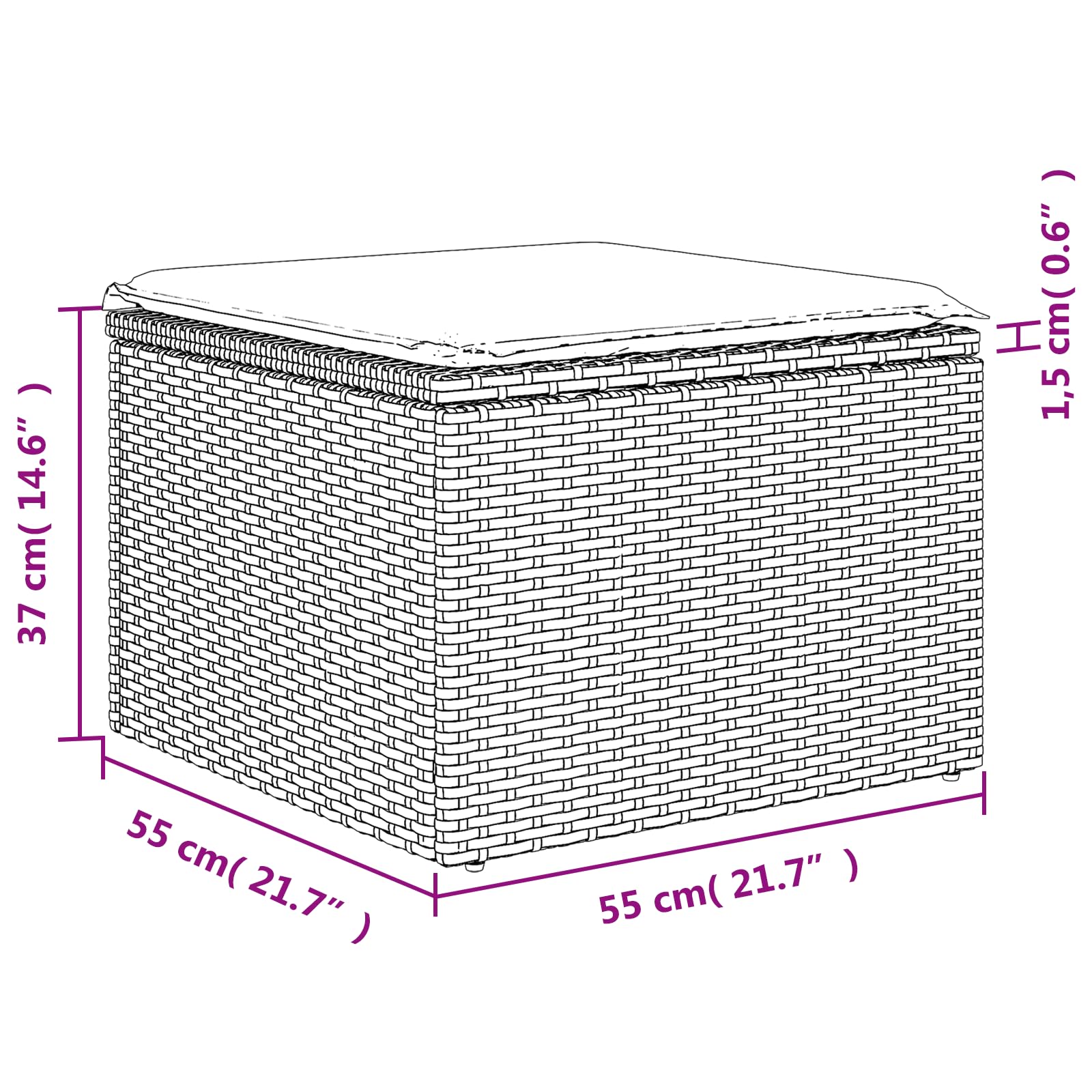 Tabouret de jardin avec coussin, marron, 55 x 55 x 37 cm, en polyrotin, résistant aux intempéries, robuste, compact, pour terrasse, balcon, véranda, avec sac de rangement et coussin d'assise