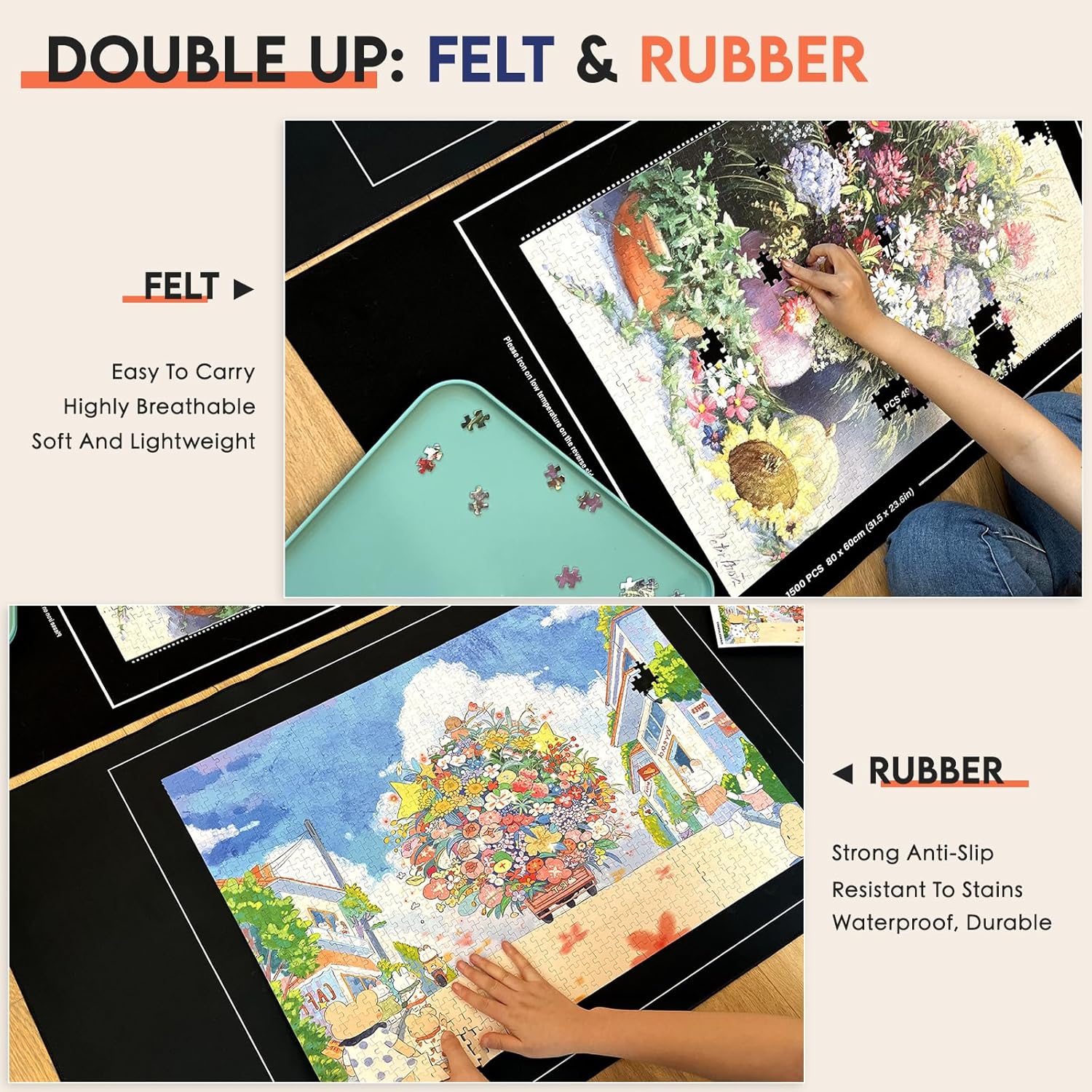 Jigsaw Puzzle Mat Roll Up – 47 x 26 Inch Portable Non-Slip Rubber & Felt Mat for 500/1000/1500 Piece Puzzles, Pack of 2 Mats
