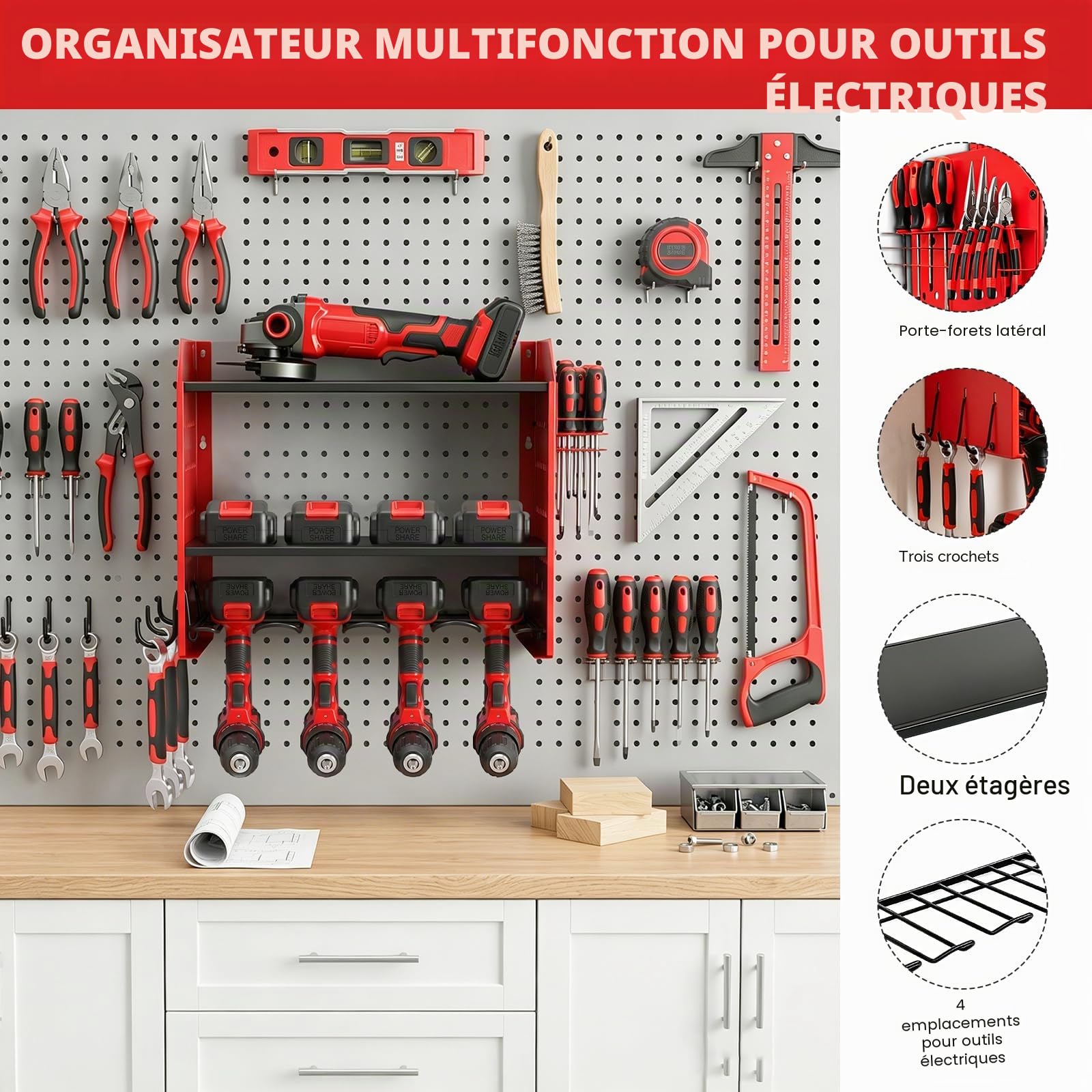 Support mural à 4 niveaux, rangement pour 4 outils électriques, perceuse à percussion, porte-outils pour garage et atelier, rouge