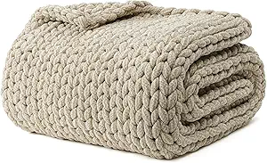 YnM Chenille Weighted Blanket, Handmade Chunky Knitted Design, Soft and Cozy, Temperature Regulating and Breathable, Machine Washable Throw for Sleep or Home Decor (Beige, 80x87 Inch, 25lbs)