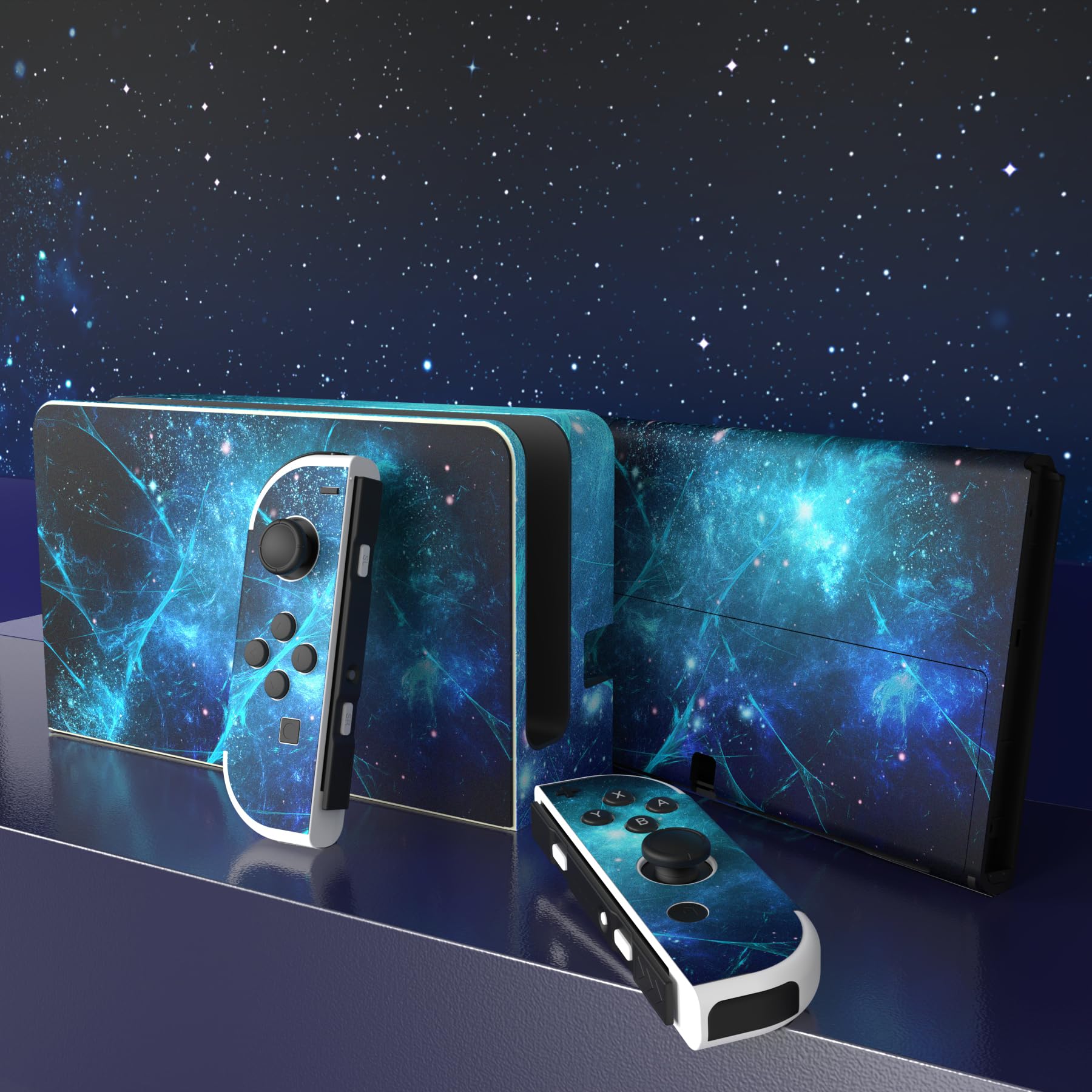 PlayVital Pegatina Protectora Completa para Nintendo Switch OLED - Calcomanías Decorativas para Joy-con y Consola, Skin Stickers Adhesivos (Azul Nebula) - 4