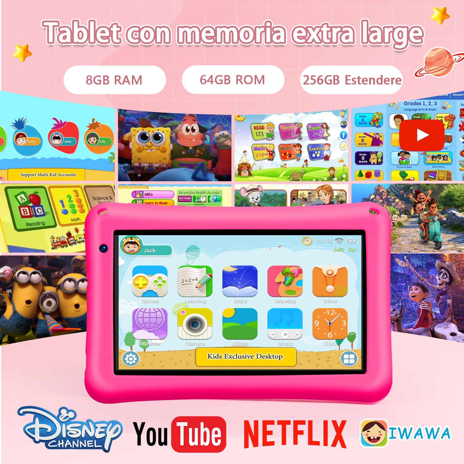 BRILLAR Tablet Bambini 7 Pollici,Android 13 Tableta,8(4+4) GB RAM, 64GB ROM(TF card 256 GB),Octa-Core,Controllo Parentale,WIFI,Tablet per Bambini con Custodia(Rosa)