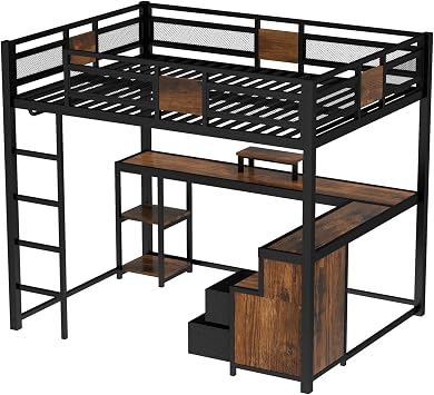 Bellemave Queen Loft Bed with L-Shaped Desk and Storage Drawers, Queen Size Loft Bed Frame with Computer Monitor Stand, Corner Shelf and Hanger Rod, Adults Loft Beds Nosie-Free, Black