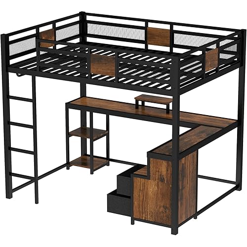 Bellemave Queen Loft Bed with L-Shaped Desk and Storage Drawers, Queen Size Loft Bed Frame with Computer Monitor Stand, Corner Shelf and Hanger Rod, Adults Loft Beds Nosie-Free, Black