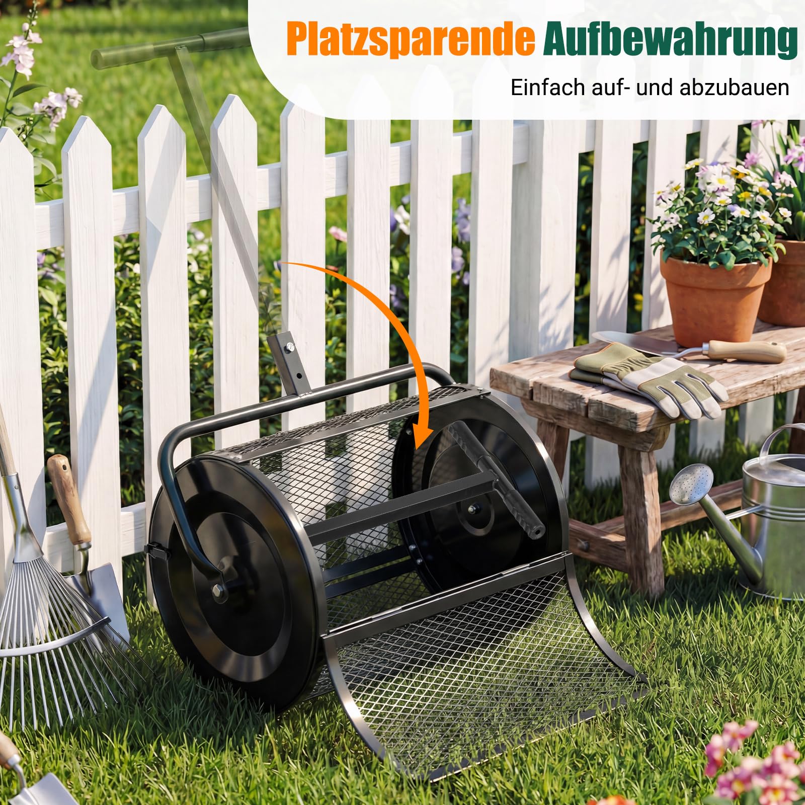 COSTWAY Kompoststreuer 77 L, Torfmoosstreuer mit höhenverstellbarem T-Griff & Mesh-Korb, Ø40x61cm, Düngerstreuer für Garten Rasen, Gartenstreuer für Dünger Saat, Handstreuer Kompostwalze (Schwarz)