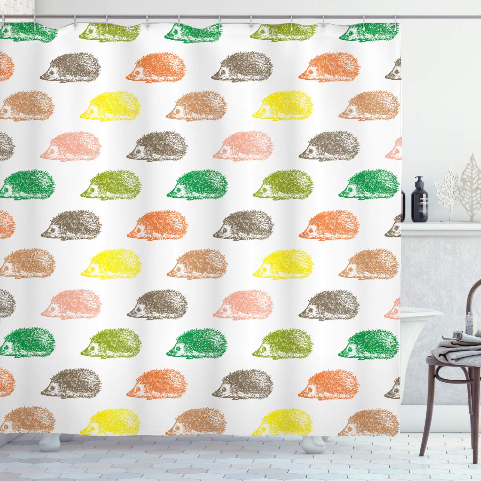 ABAKUHAUS Hedgehog Shower Curtain, Pencil Drawn Spiky Animal, Cloth Fabric Bathroom Decor Set with Hooks, 94 Inches, White and Multicolor