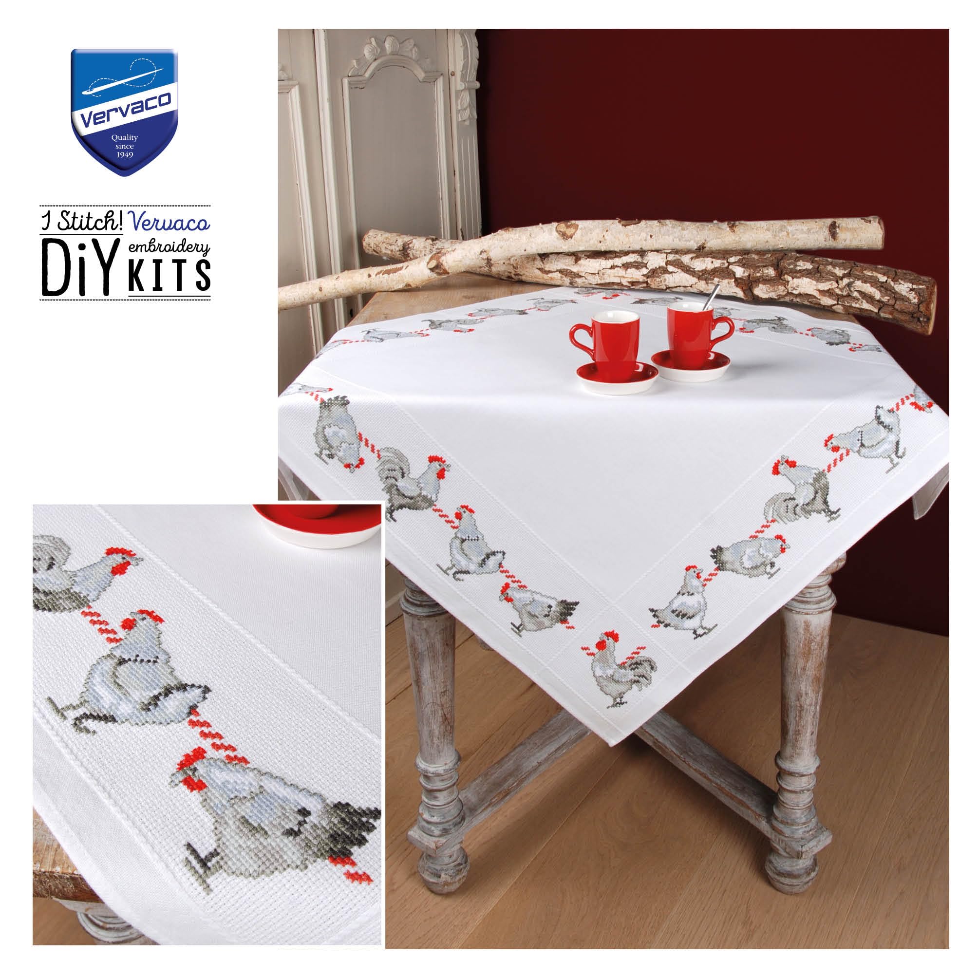 Vervaco Stickpackung Tischdecke Zählmusterpackung Kreuzstich Hühner Stickdecken zum Selbersticken Bastelset Handwerker Kreativ Set für Erwachsene 80 x 80 cm Kreatives Geschenk