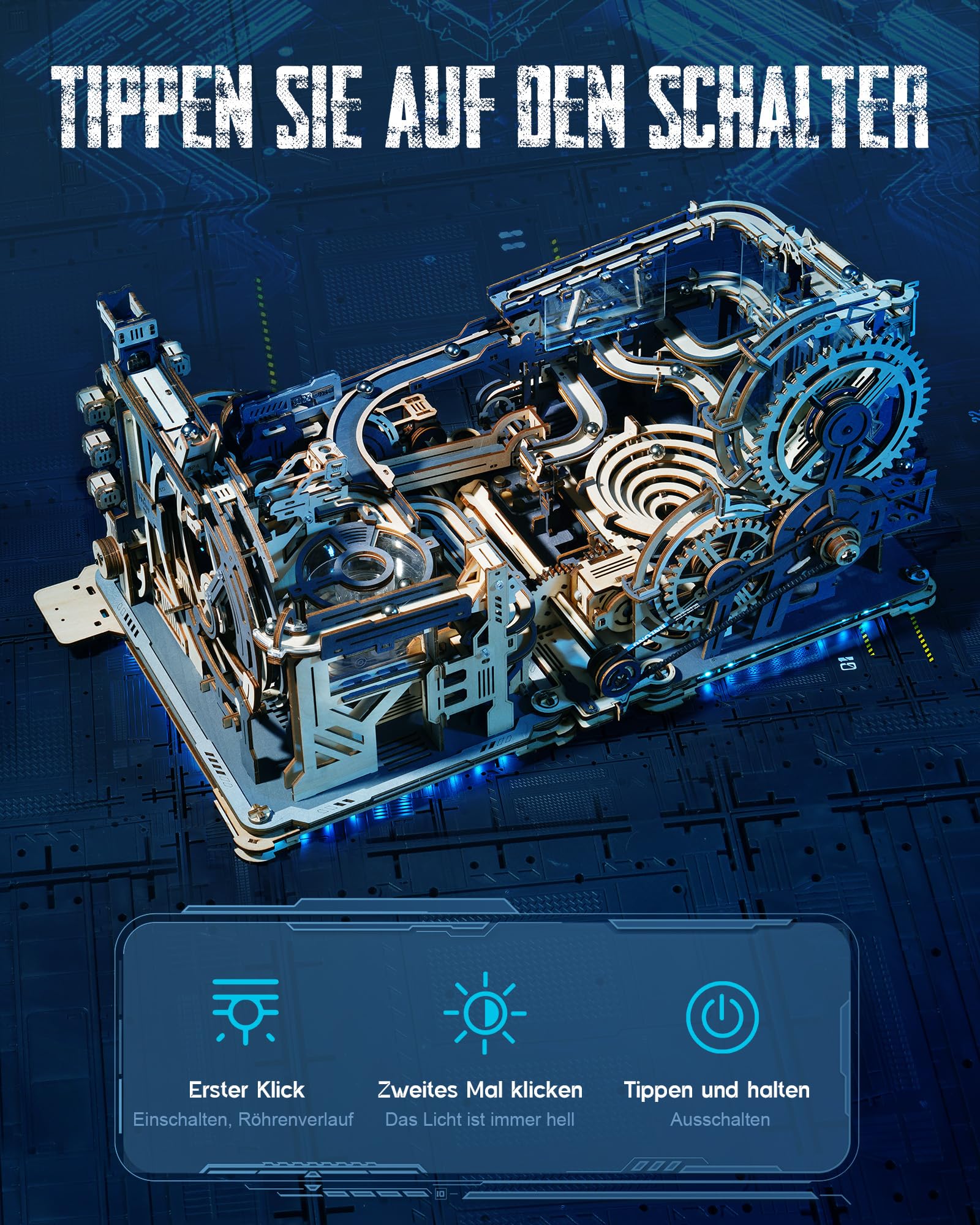 ROKR Kugelbahnen 3D Holzpuzzle für Erwachsene, 3D Puzzle Holz Motorbetriebene Modellbausätze mit Kugeln, Automatischer & Manueller Modi, Marble Spaceport & Night City & Link Pack, LGC01 LGA01 LG01
