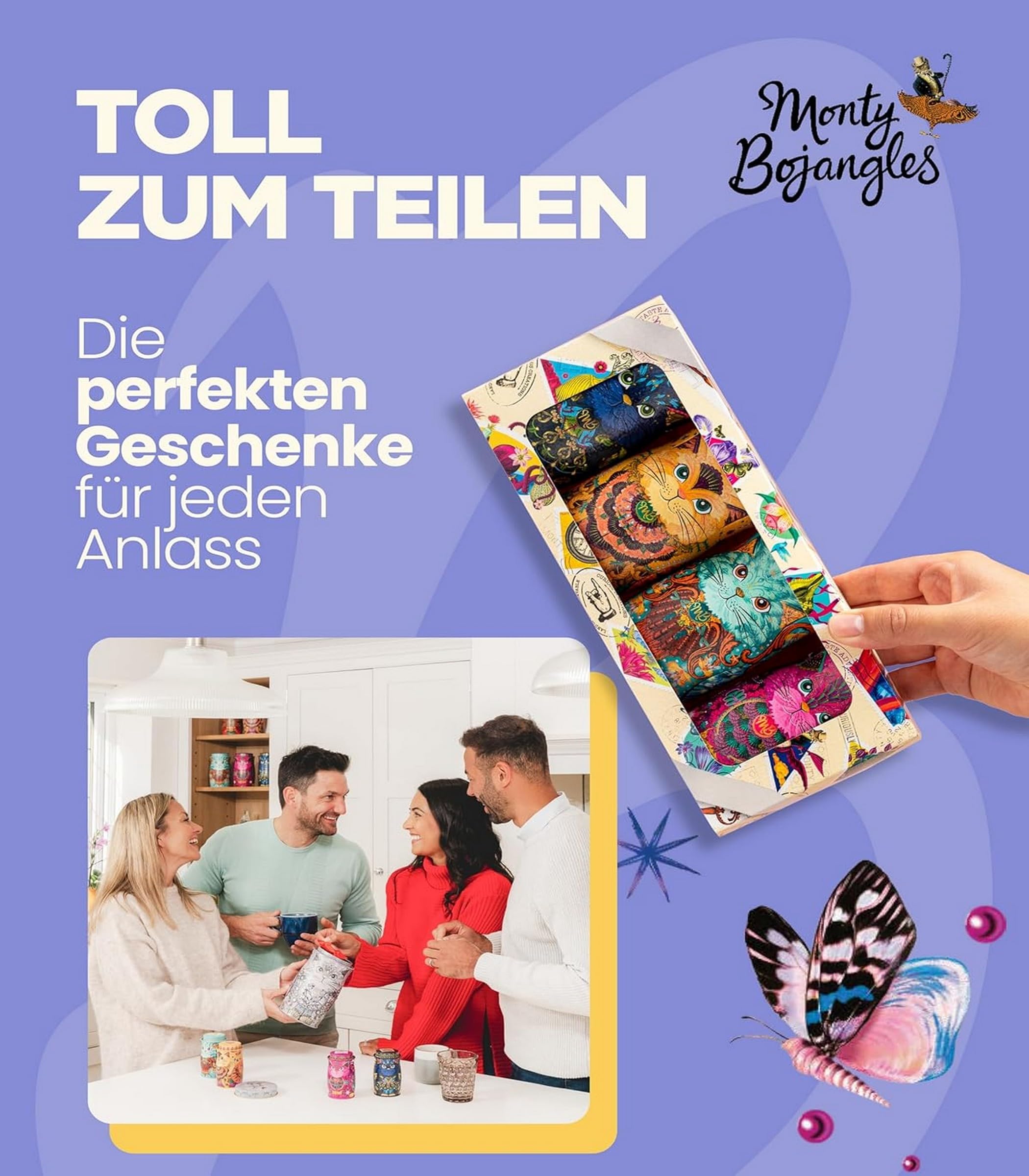 Monty Bojangles Kit-Tins Schokoladentrüffel (4 x 36g) Truffle Pralinen mit Kakao bestäubt Pralinen, Schokolade Sammlerdose mit Katzen-Design, Geschenkset mit vier Geschmacksrichtungen