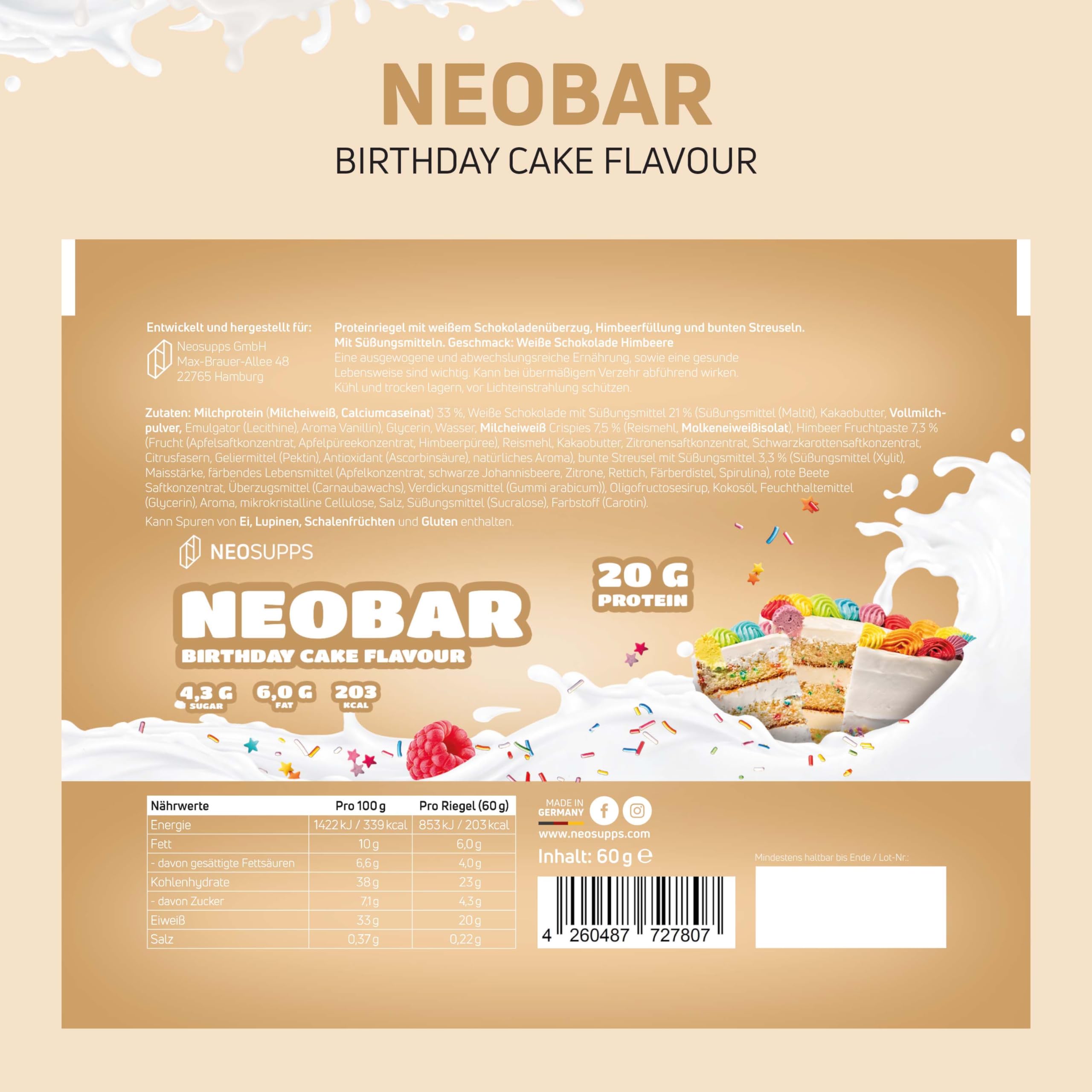 Neosupps Proteinriegel Neobar Birthday Cake – 12 x 60 g, 21 g Protein, nur 0,8 g Zucker, Low-Fat, in verschiedenen Geschmäckern erhältlich, Made in Germany – Fitness Snack