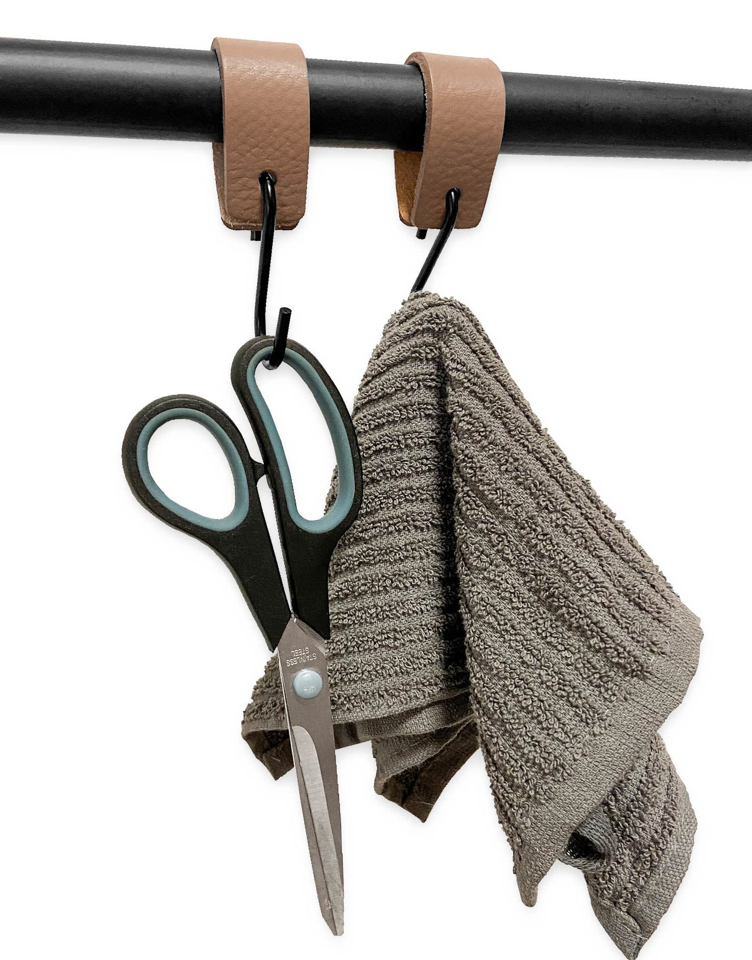 Brute Strength, Leather S Hooks for Hanging, Taupe, 4 Pieces, Incl. Silver & Black Hooks for Hanging Coats Cups, Towels - Image 2