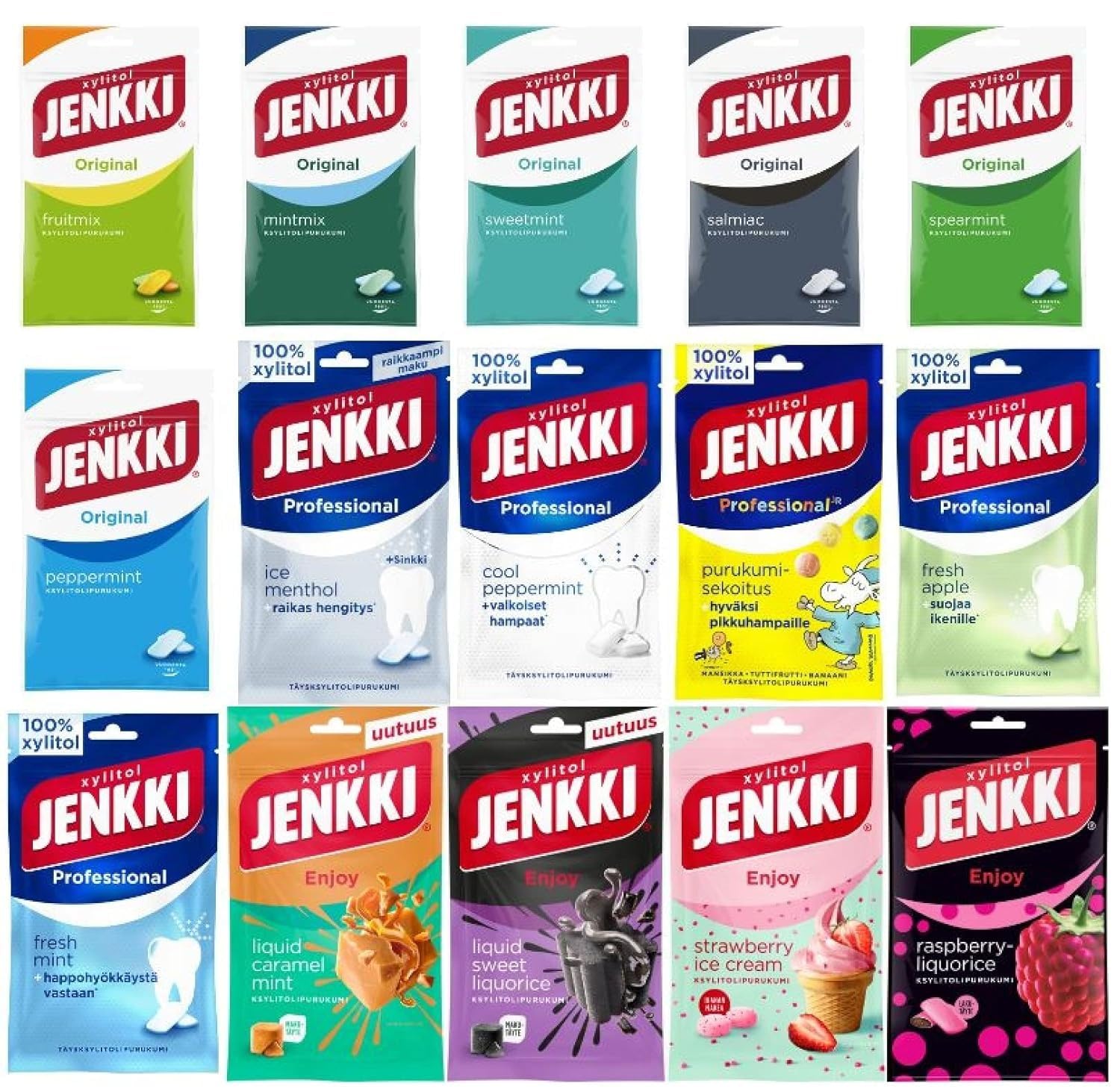 Chicle finlandés Jenkki 80-100g (Pack de 10) – Elige cualquier 10 bolsas entre 15 sabores