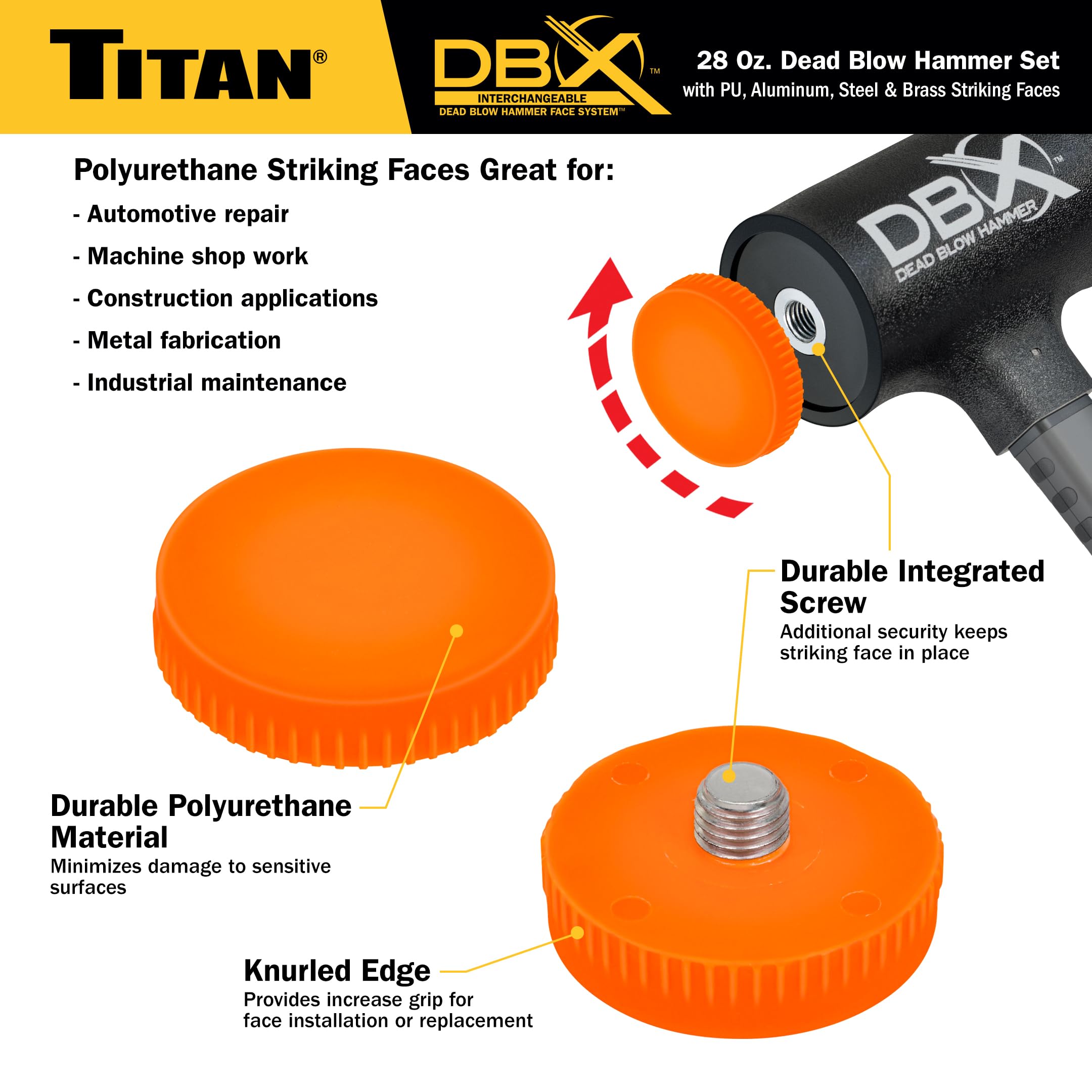 Titan DBX 63634 - Juego de martillo de soplado muerto de 28 onzas con caras intercambiables de poliuretano, acero, aluminio y latón