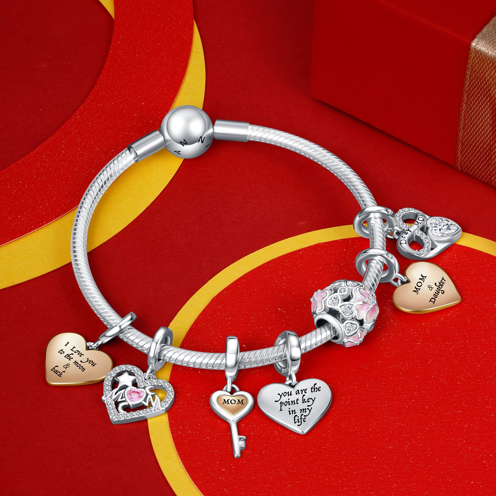 NINGAN 925 Sterling Silver Heart Pendant Charm - Fits Pandora Bracelets & Necklaces, Cubic Zirconia, Hypoallergenic Gift For Mother