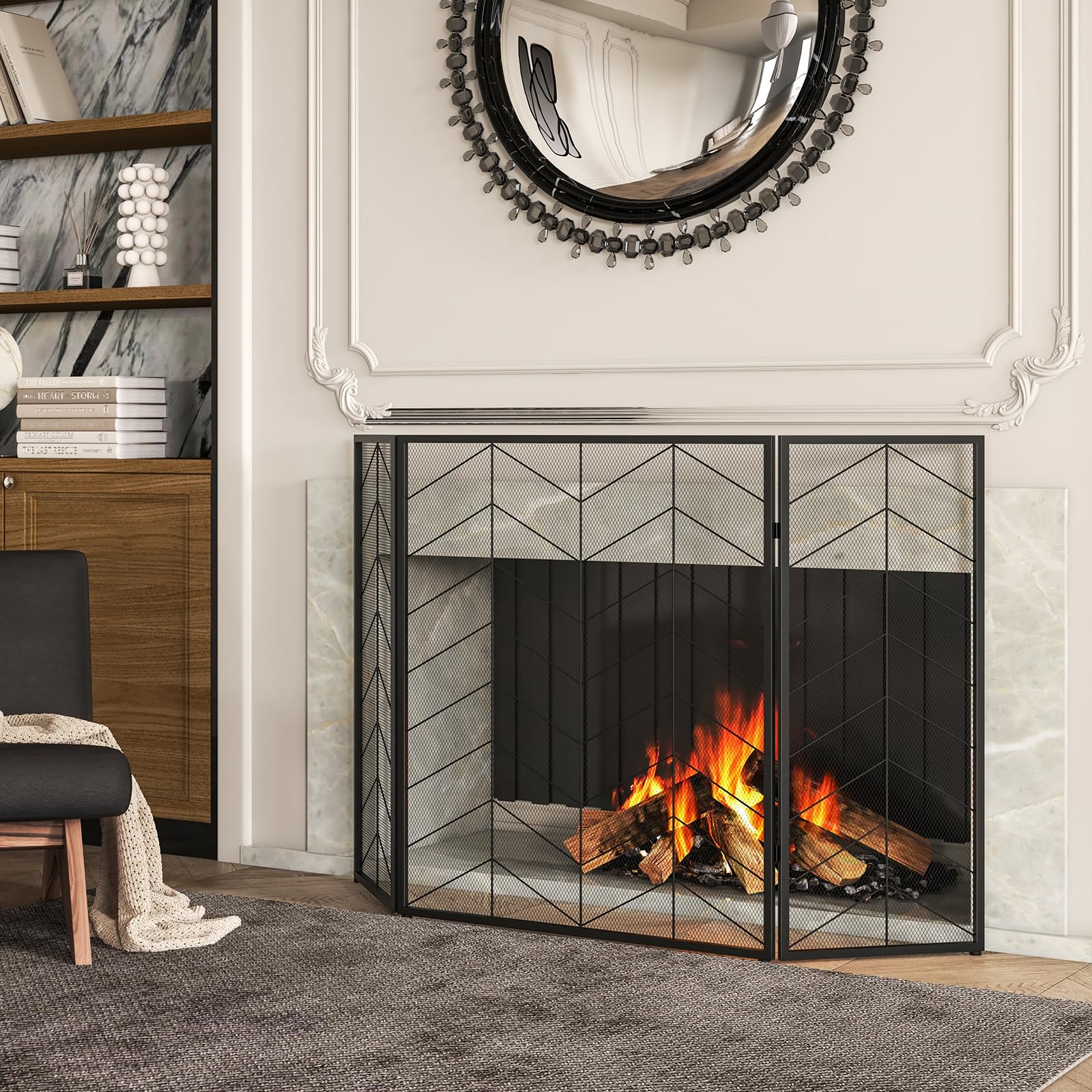 COSTWAY Pare-Feu de Cheminée Pliable à 3 Panneaux, Écran de Cheminée en Métal 132 x 79 cm, Pare-étincelles en Maille, Grille de Protection pour Poêle, Aucun Assemblage (Motif à Chevrons)