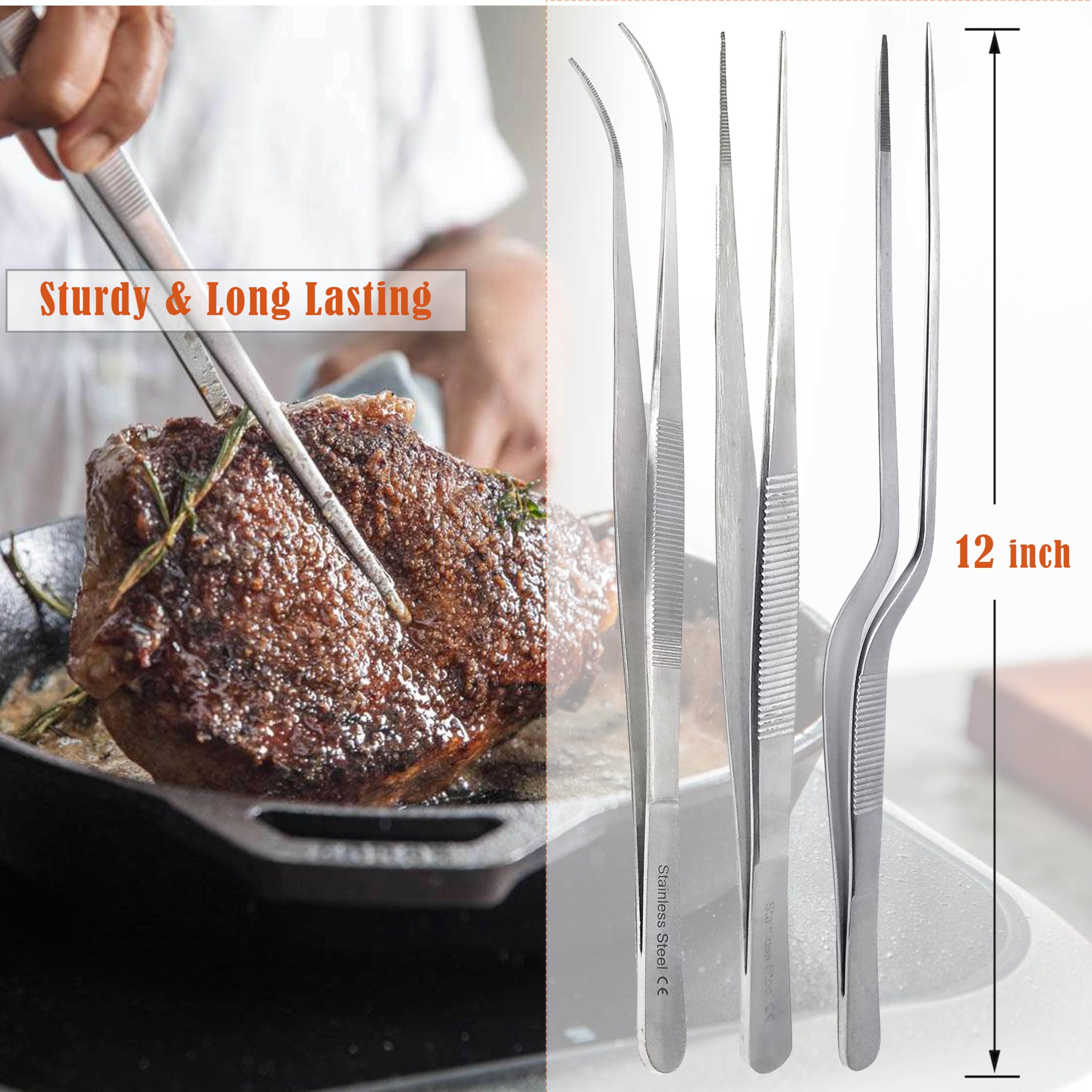 Cyimi Kitchen Tweezers Stainless Steel 8 Inch Long Tweezers Tongs, Heavy Duty Large...