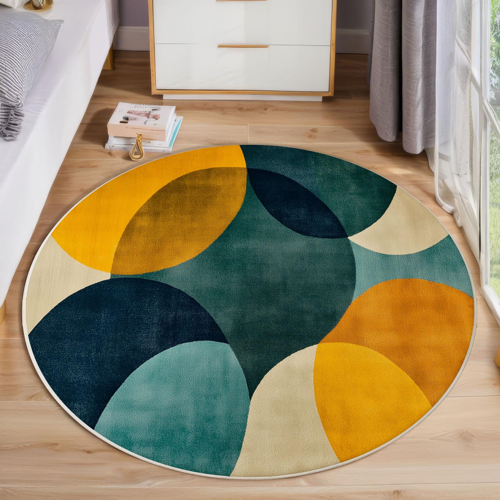 Modernismus Teppich Rund 100cm rutschfest Teppiche Wohnzimmer Geometrische Kreise Waschbar Teppiche Kurzflor Weich Runder Teppich Senfgelb for Wohnzimmer Schlafzimmer Studie Esszimmer