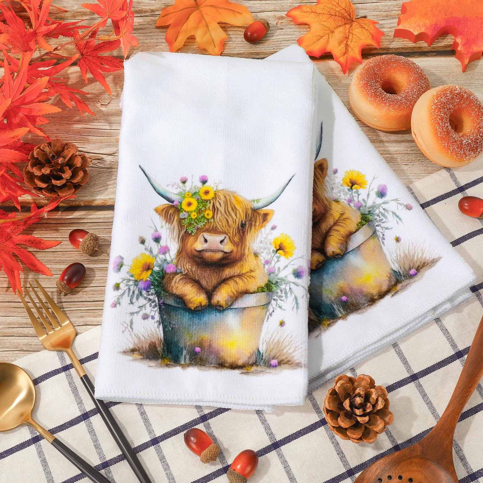 AnyDesign Toalla de cocina de vaca Highland de 18 x 28 pulgadas, paño rústico de granja, lindo paño de cocina decorativo de mano para cocina, hogar, cocina, hornear, limpieza, 2 piezas