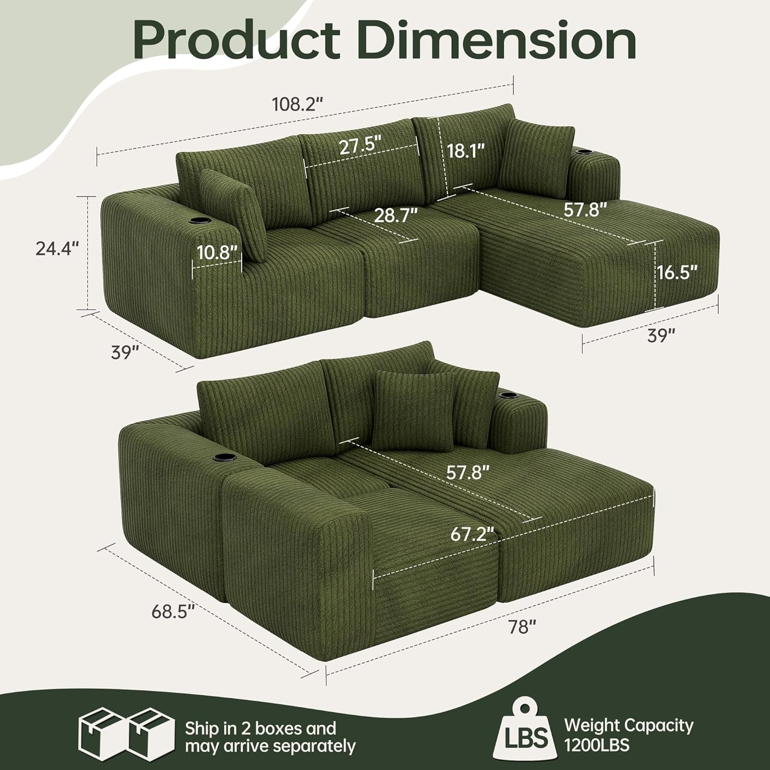 DURASPACE 108" Sectional Couch L Shaped Sofa Boneless Foam Cloud Couches with Chaise, Fluffy Plush Corduroy Modular Couches for Living Room (Green, Right Facing Chaise)