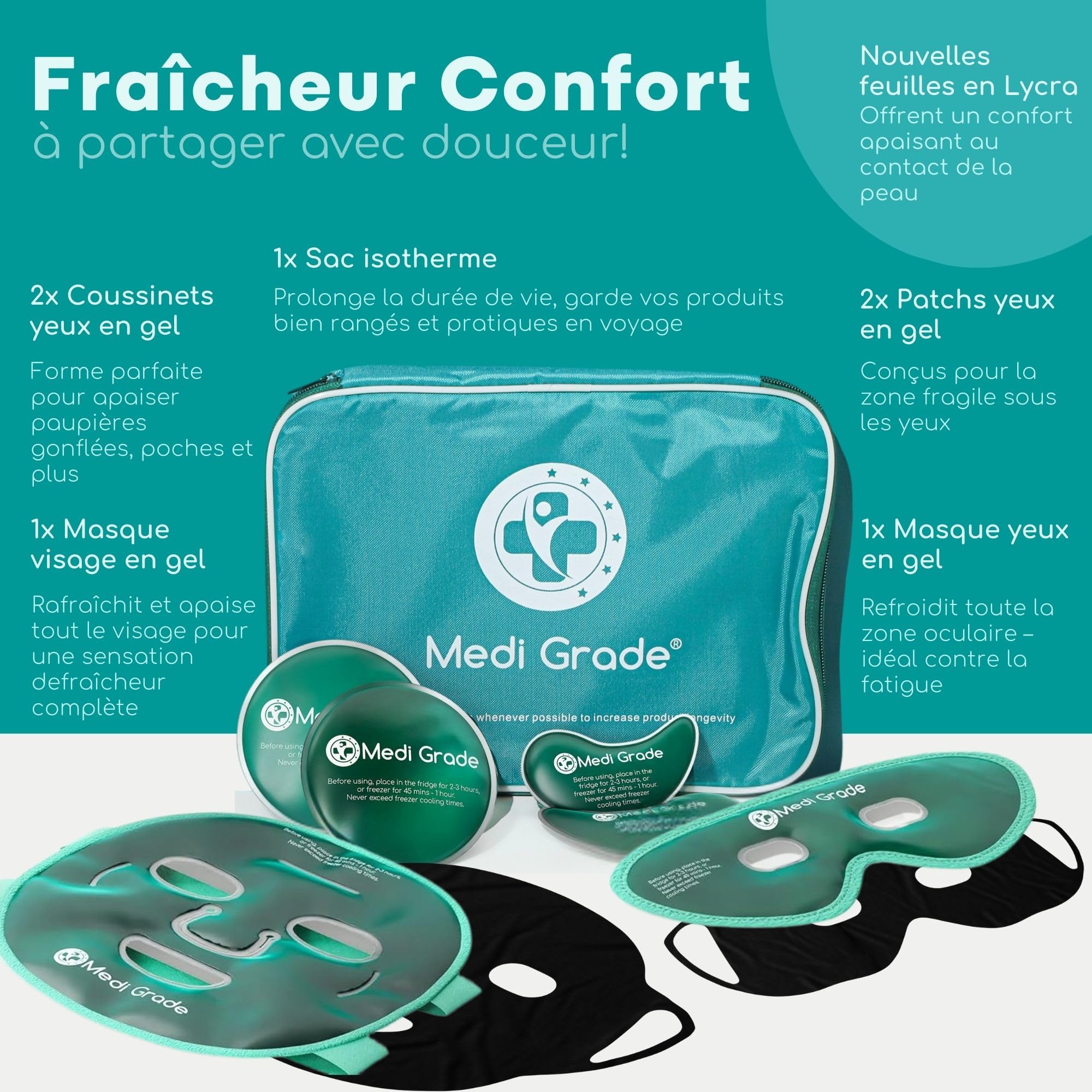 Masque Visage et Masque Anti Cerne Rafraichissant pour le Visage Complet de Medi Grade – Avec Gel Yeux – Pochette refroidissante incluse – Atténue les Poches
