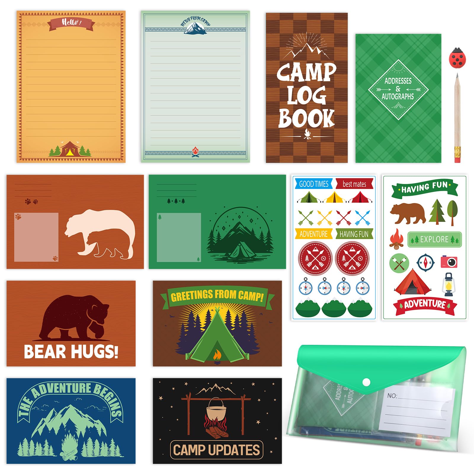 Fullhawl 51 Pcs Adventures at Camp Stationery Set Summer Camping Postcards Kit Letter Paper Envelope Sticker Postcard Camp Activity Journal Rubber