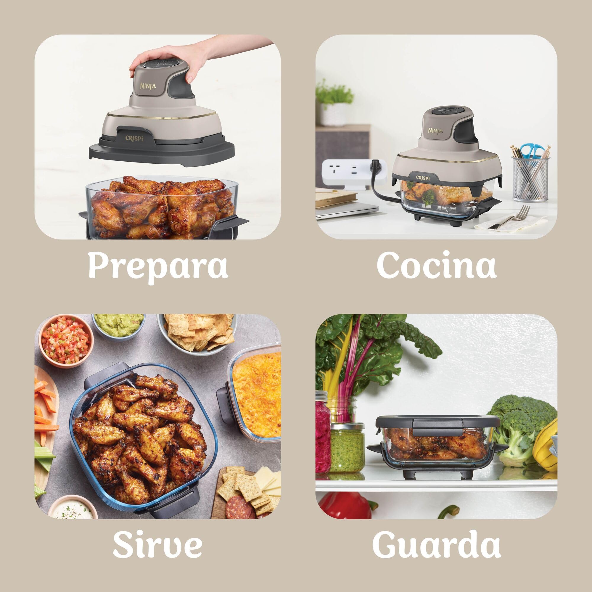 Ninja CRISPi Freidora de aire portátil, 3,8 l, 4 en 1, freír con aire, asar, mantener caliente y gratinar, incluye 2 recipientes de vidrio extraíbles y tapas, piedra dorada, FN101EUSTGD