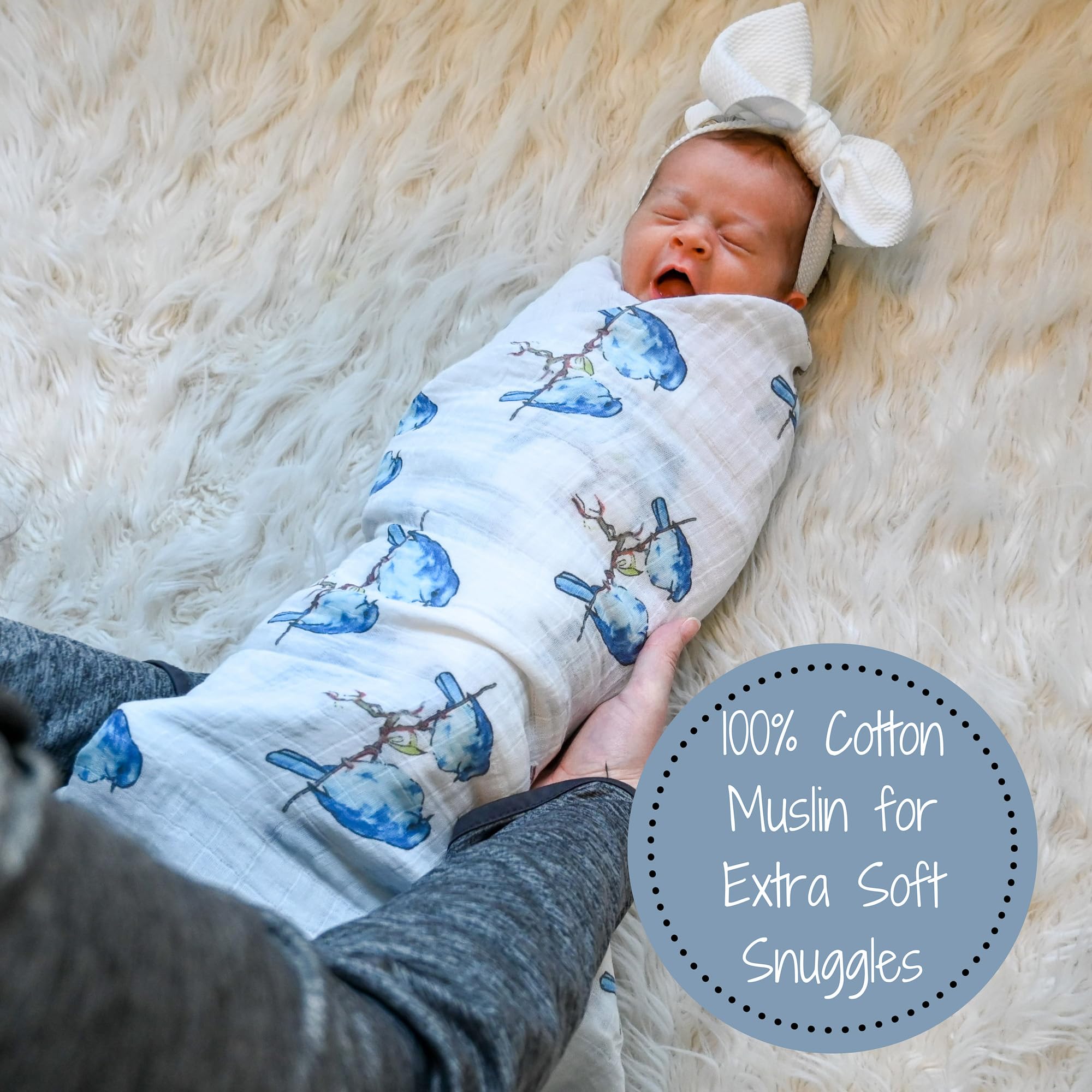 LollyBanks Manta para envolver | 100% algodón de muselina | Esenciales para recién nacidos y bebés para niñas, registro | Estampado de pájaros azules