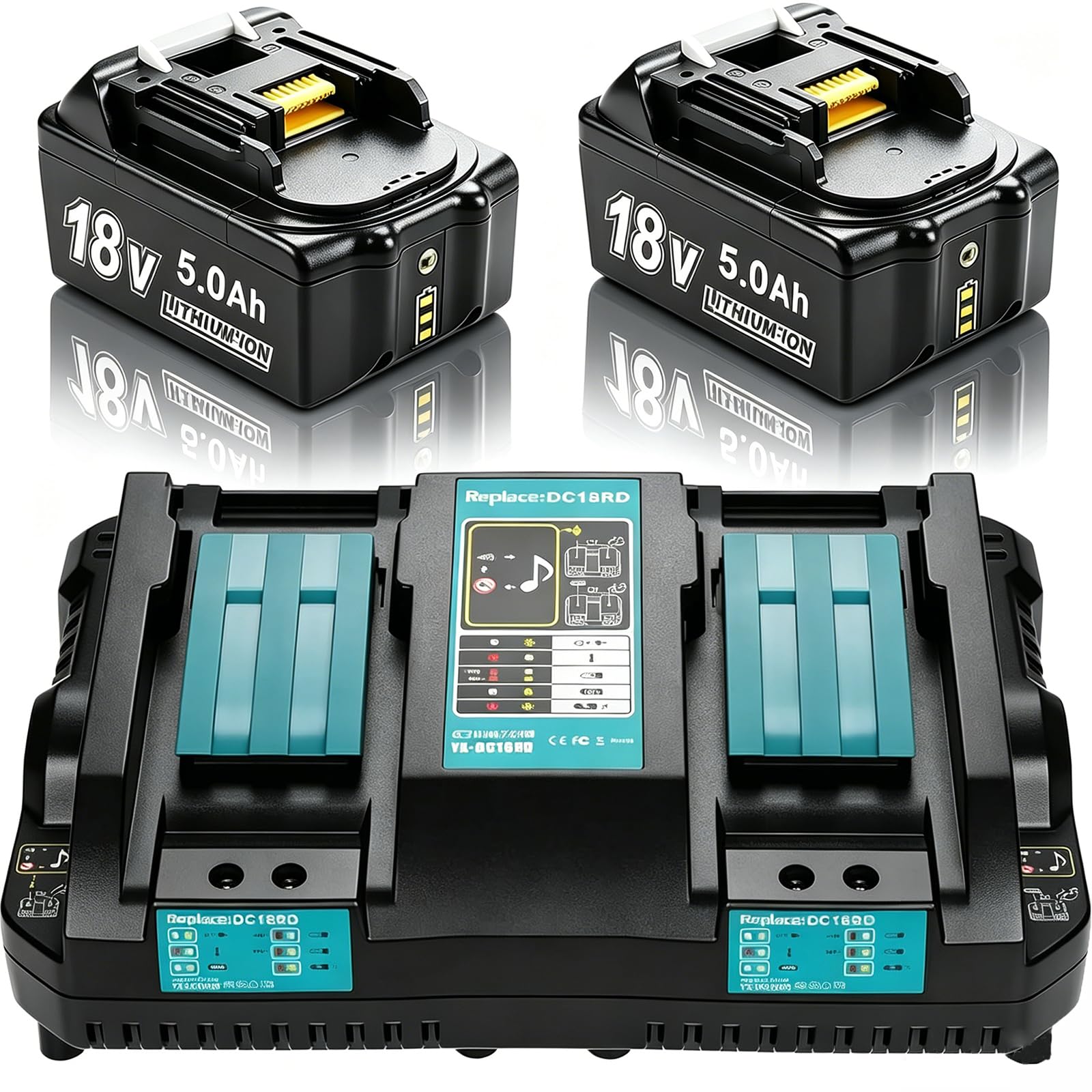 Replacement for Makita 18V Batteries: 2 x LXT 5.0ah Lithium-Ion Batteries + DC18RD Dual Port Charger Compatible with Makita BL1850 BL1830 BL1840 BL1860 & DC18RD DC18RC DC18RCT DC18SF Charger