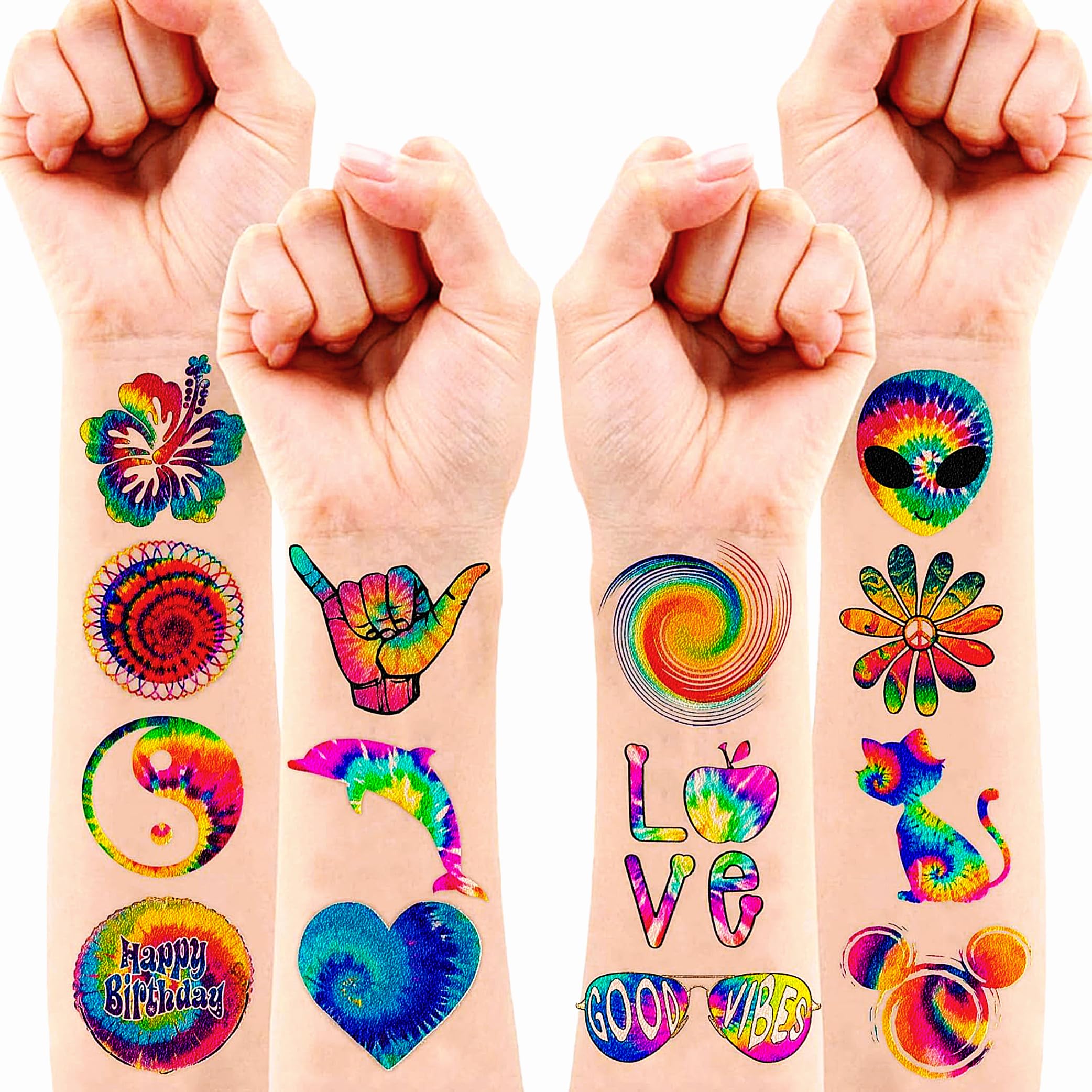 Tie dye Temporary Tattoos 96PCS Valentines For Kids - Birthday Themed Party Supplies Decorations Favors 8 Sheets Colorful Decor Cute Stickers Tattoo
