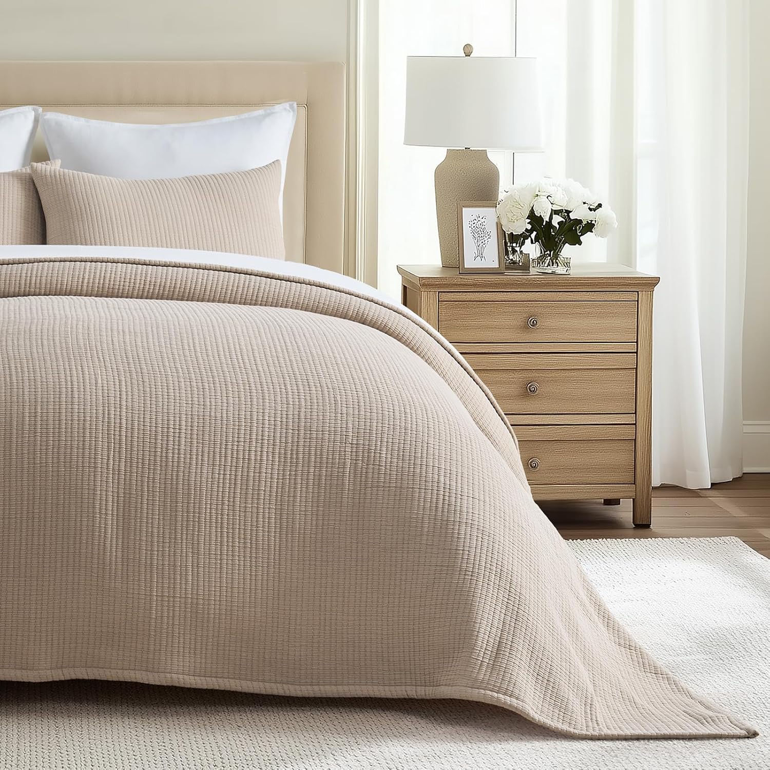 EVERGRACEHOME Cotton Gauze King Bedspread, Ultra Soft Prewashed Pick Stitch Matelassé Coverlet, Lightweight Textured Oversized King Quilt Bedding Set for All Season, with 2 Shams, Khaki Tan KING/CAL KING (108"x96") Khaki Tan