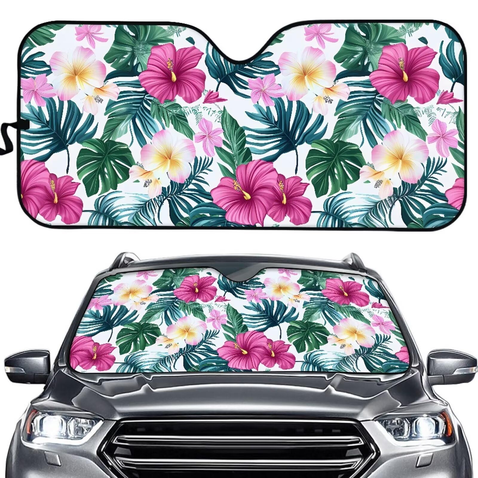 ZFRXIGN Tropical Floral Windshield Sun Shade for Car Front Window Sunshades Hawaiian Style Automotive Interior Women Men Universal Trendy Decor, Sedan SUV Trucks Van