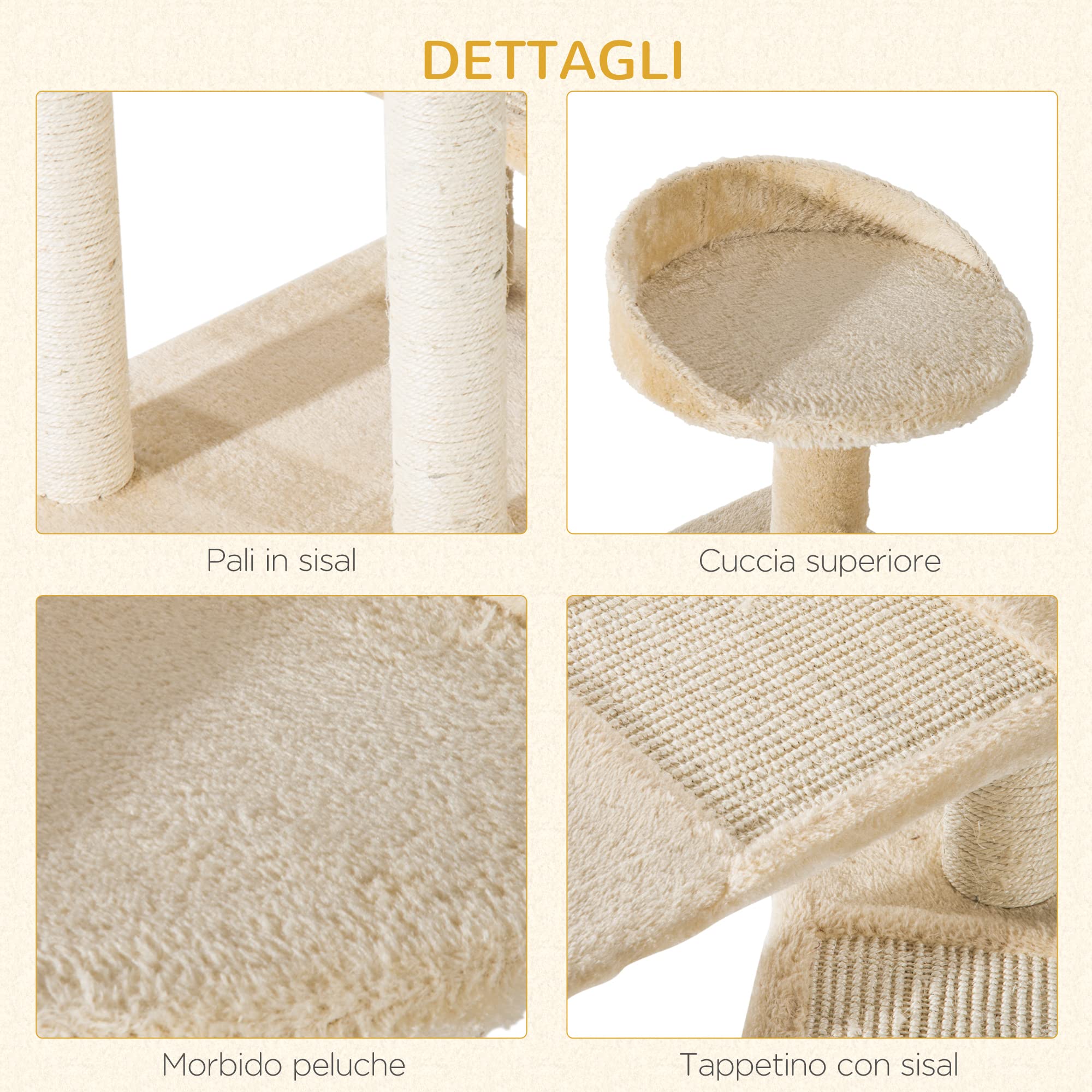 PawHut Trespolo per Gatti Multilivello con Tiragraffi in Sisal, Albero per Gatti con Piattaforme e Cuccia in Peluche Beige, 50x50x100cm