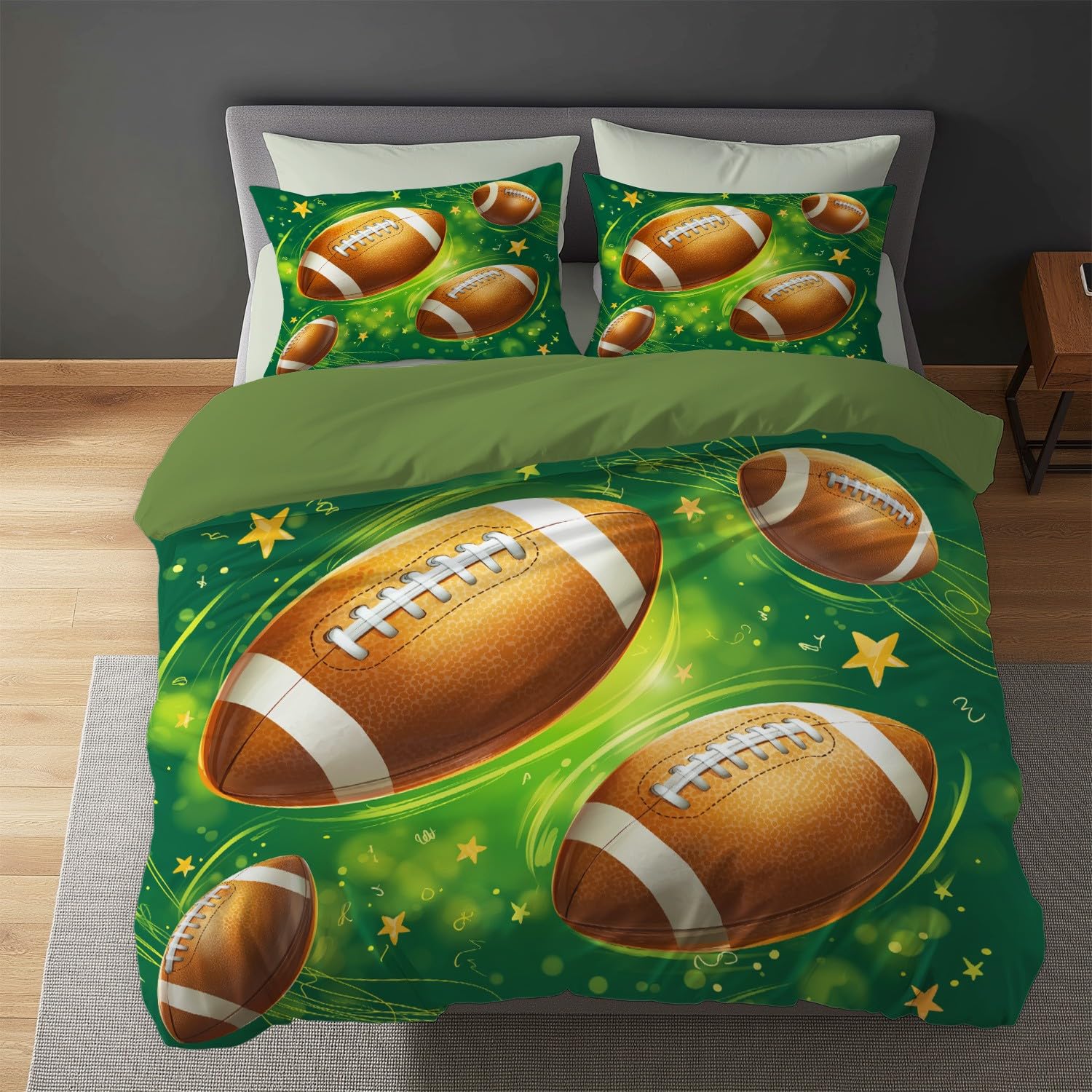 Fresh Star Rugby Poszwa na kołdrę 200 x 200 cm Graffiti Zestaw pościeli dziecięcej i 2 poszewki na poduszkę 65 x 65 cm Miękka mikrofibra z zamkiem błyskawicznym Zielony Brązowy