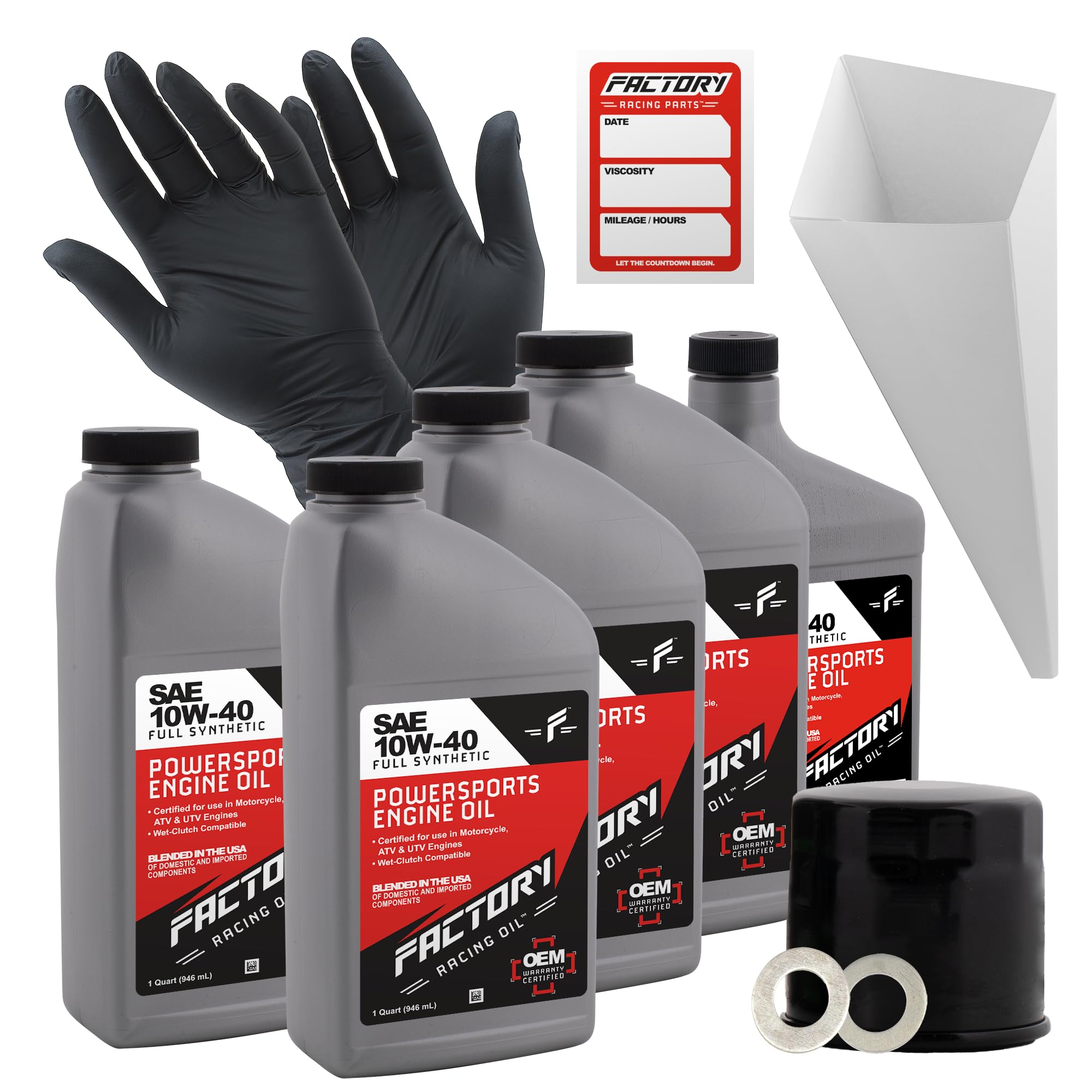 Factory Racing Parts Oil Change Kit compatible with Suzuki C90B, VL1500 LC – Includes 4.5 Quarts of 10W-40 Full Synthetic Oil, 1 Filter, 1 Crush Washer, 1 Funnel, 1 Oil Change Reminder Sticker