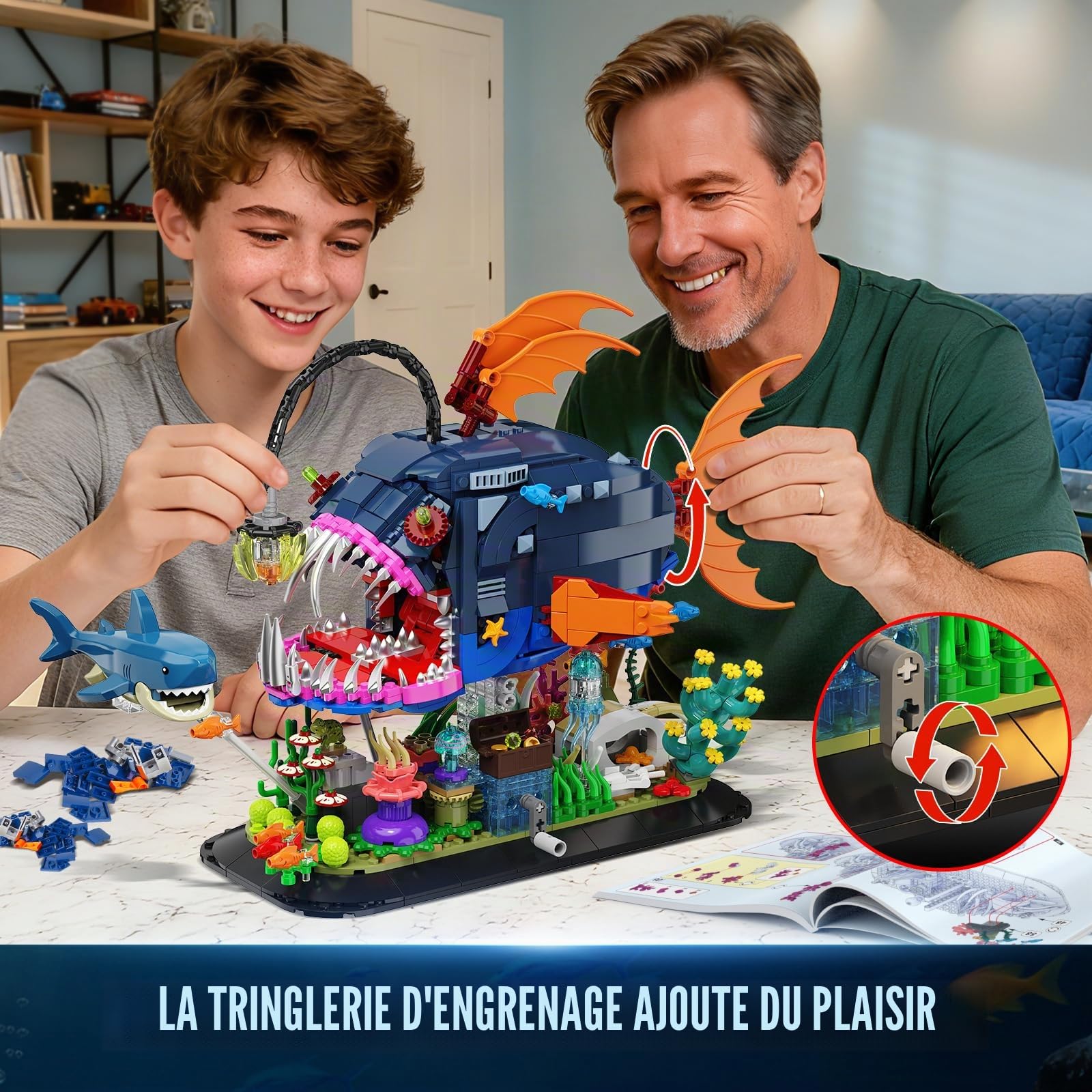 INSOON Set de Construction Poisson-Lanterne Mécanique avec Lumières, Poisson-Pêcheur Articulé avec Requin et Méduse, Kit Animal Marin 1139 Pièces, Cadeau Déco Adultes et Enfants 12+