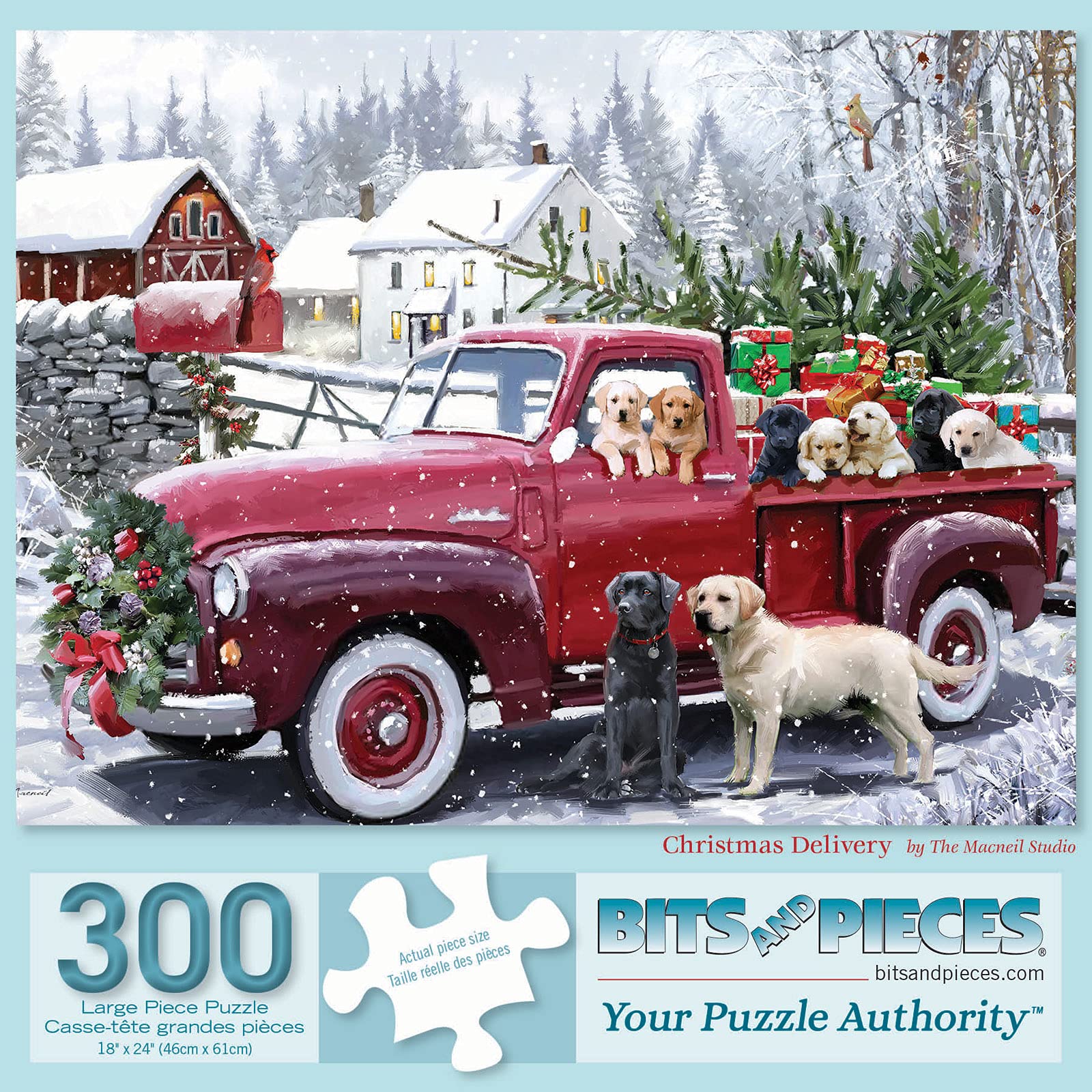 Bits and Pieces300 Piece Jigsaw Puzzle for Adults - ‘Christmas Delivery’ - Holiday Winter Dogs Large Piece Jigsaw by The Macneil Studio Artists