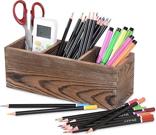 ALL Music-box Soporte para lápices de madera rústica, organizador de bolígrafos de papelería para niños, 3 compartimentos, organizador de escritorio
