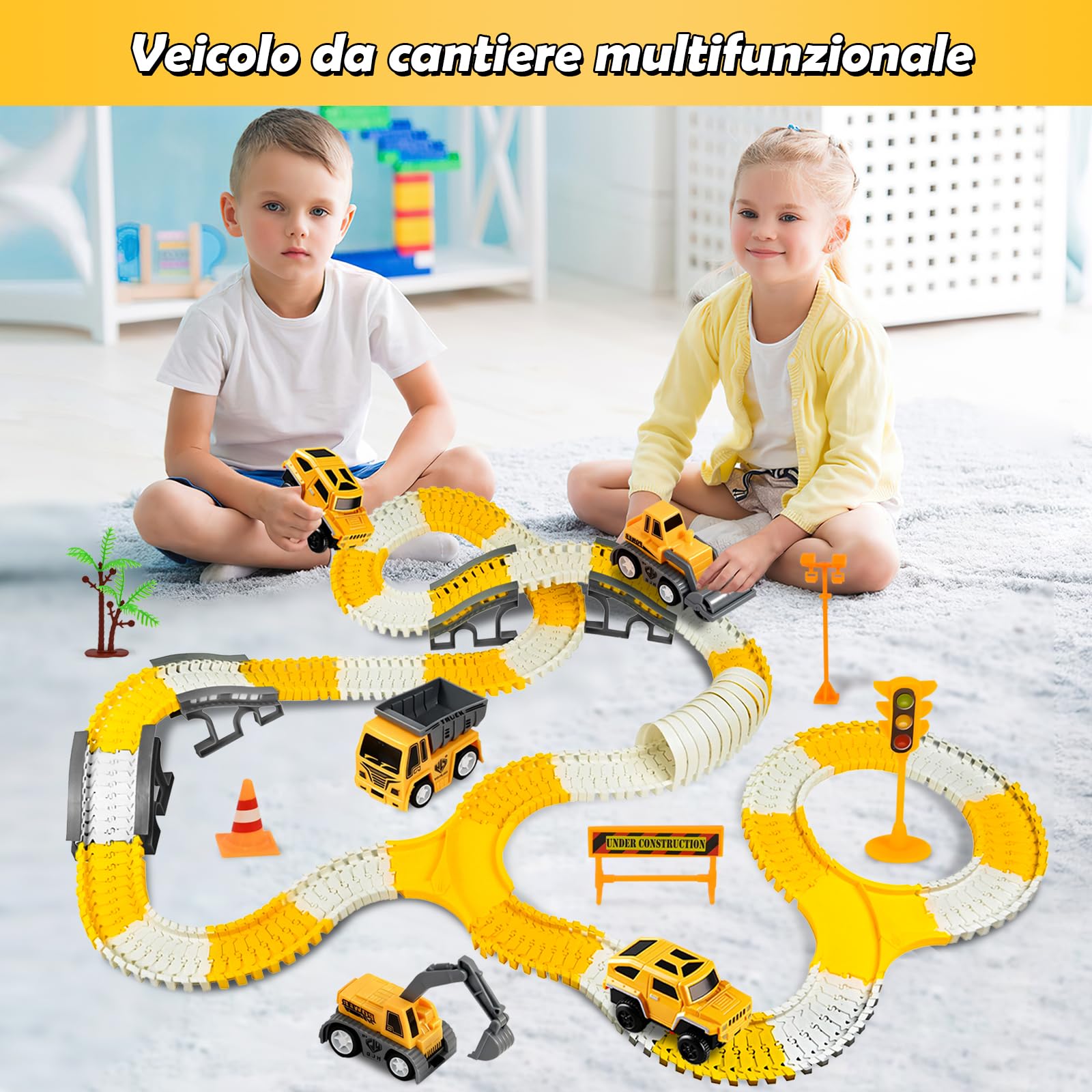 PATEMZON 305 Pezzi Set di Giocattoli Veicoli da Costruzione, Pista Macchinine Giocattolo per Bambini, Set da Pista Auto Flessibile con 6 Auto, Macchinina Giocattoli Natale Regalo Bambini 3+ Anni
