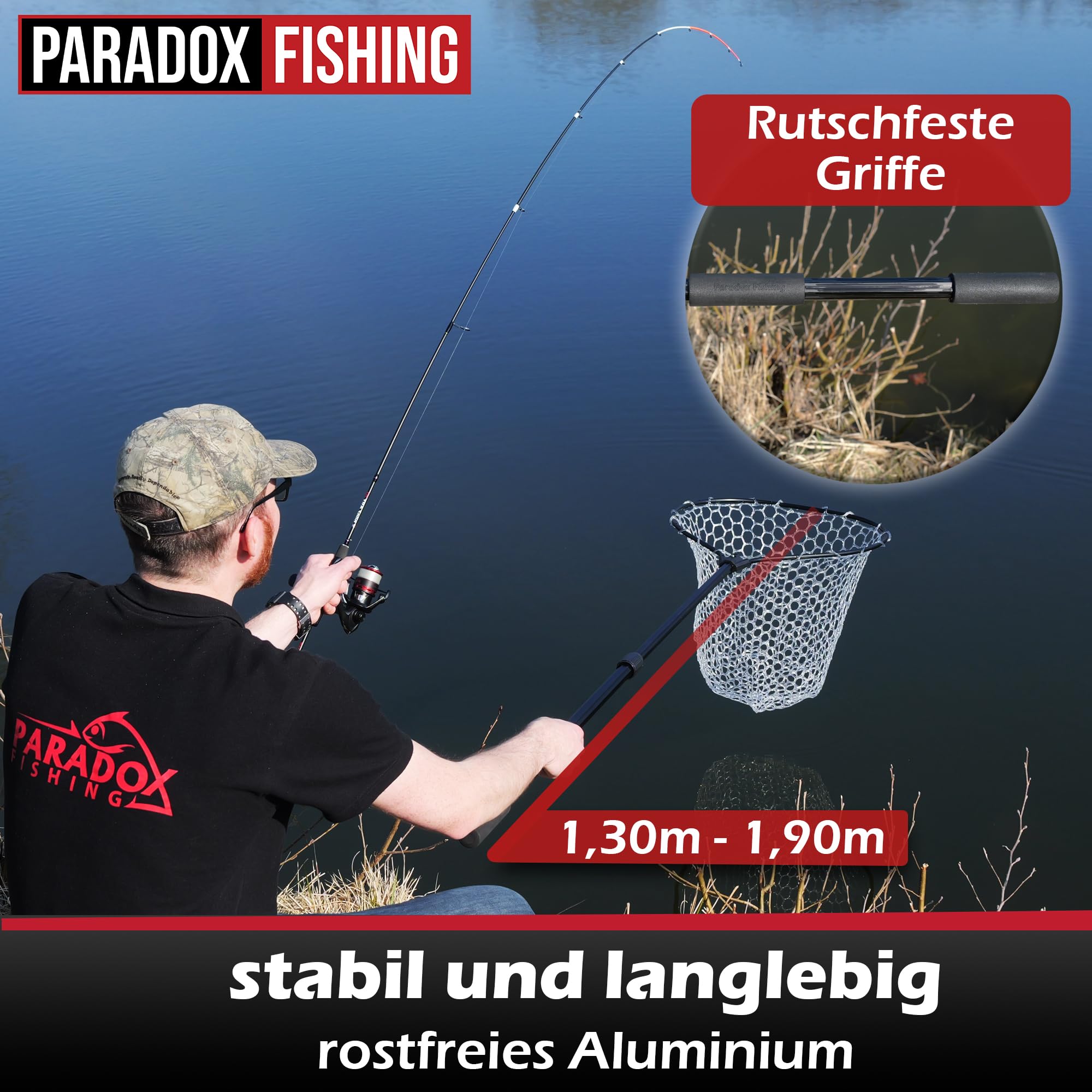 Paradox Fishing Retino per trote, 1,9 m, per laghetto trota, rete in gomma trasparente per un minimo effetto abrasivo, retino telescopico delicato sui pesci, 50 x 45 x 45 cm, testa rimovibile e manico