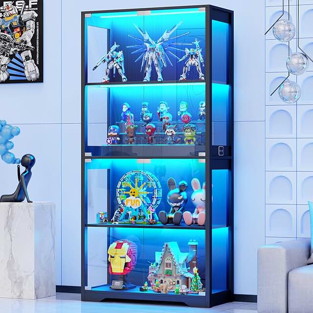 Display Cabinet with Glass Doors, 4-Tier Curio Cabinet with 3 Color Ligh...