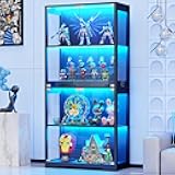 Display Cabinet with Glass Doors, 4-Tier Curio Cabinet with 3 Color Lights for Collectibles, Glass Display Case with Human Body Sensor, Bookcase with 4 Shelves, Storage Cabinets, Black