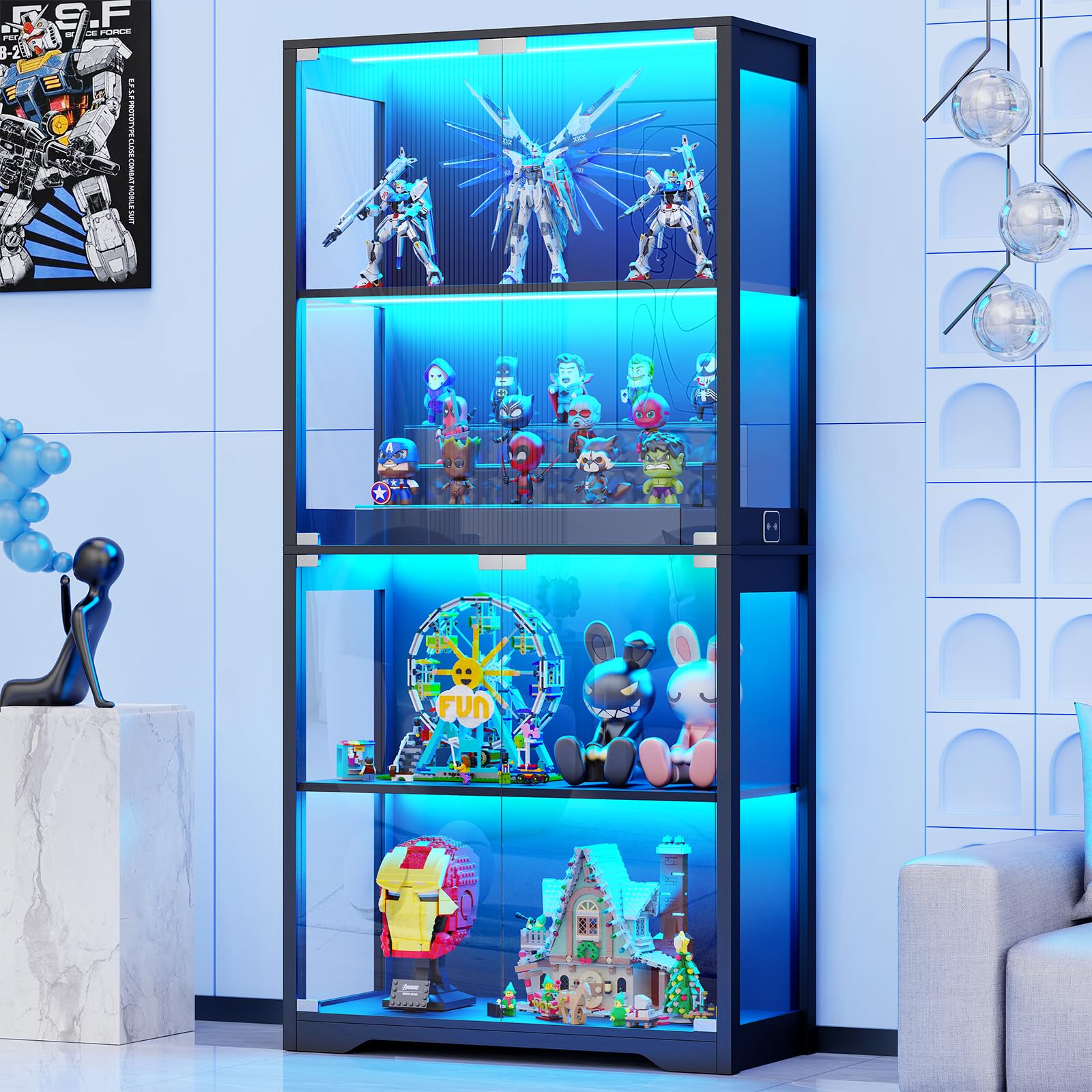 Display Cabinet with Glass Doors, 4-Tier Curio Cabinet with 3 Color Lights for Collectibles, Glass Display Case with Human Body Sensor, Bookcase with 4 Shelves, Storage Cabinets, Black