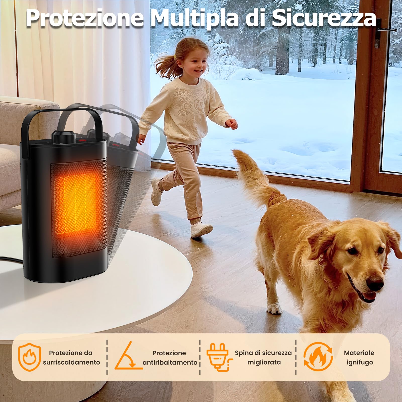 Stufetta Elettrica Basso Consumo 1500W per Uso Domestico, 3 modalità, in Ceramica PTC, Protezione da Surriscaldamento e Ribaltamento, Stufe Elettriche Portatile per Soggiorni, Uffici
