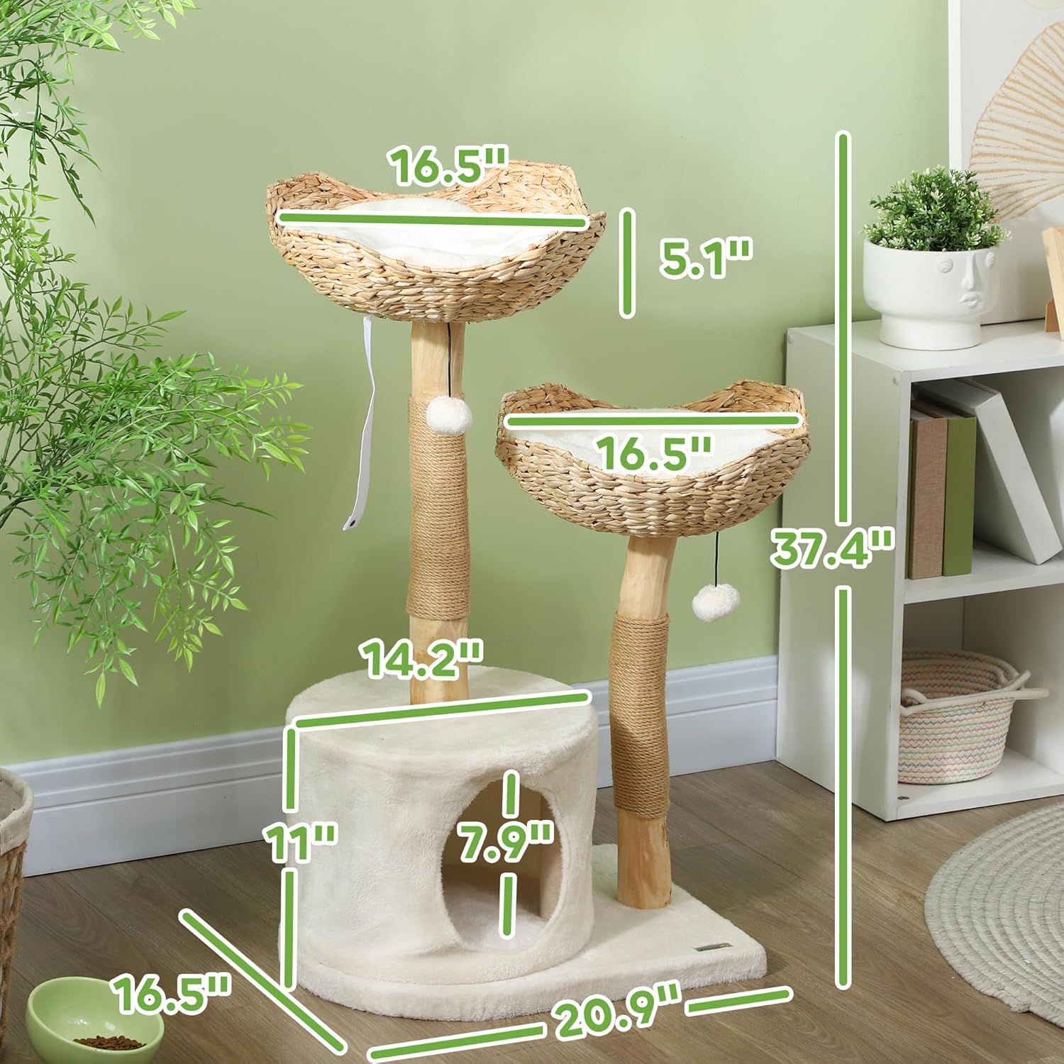 Diagram showing the dimensions of the PawHut Cat Tree