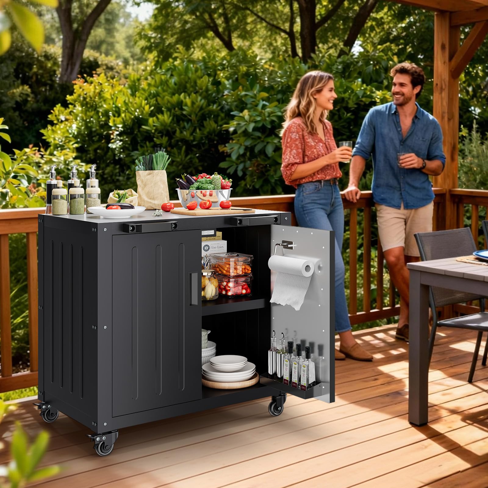 outdoor grill cart with storage cabinet, stainless steel, 35.9-inch outdoor grill stand with large capacity, grill station for kitchen prep, working table, lawn & garden